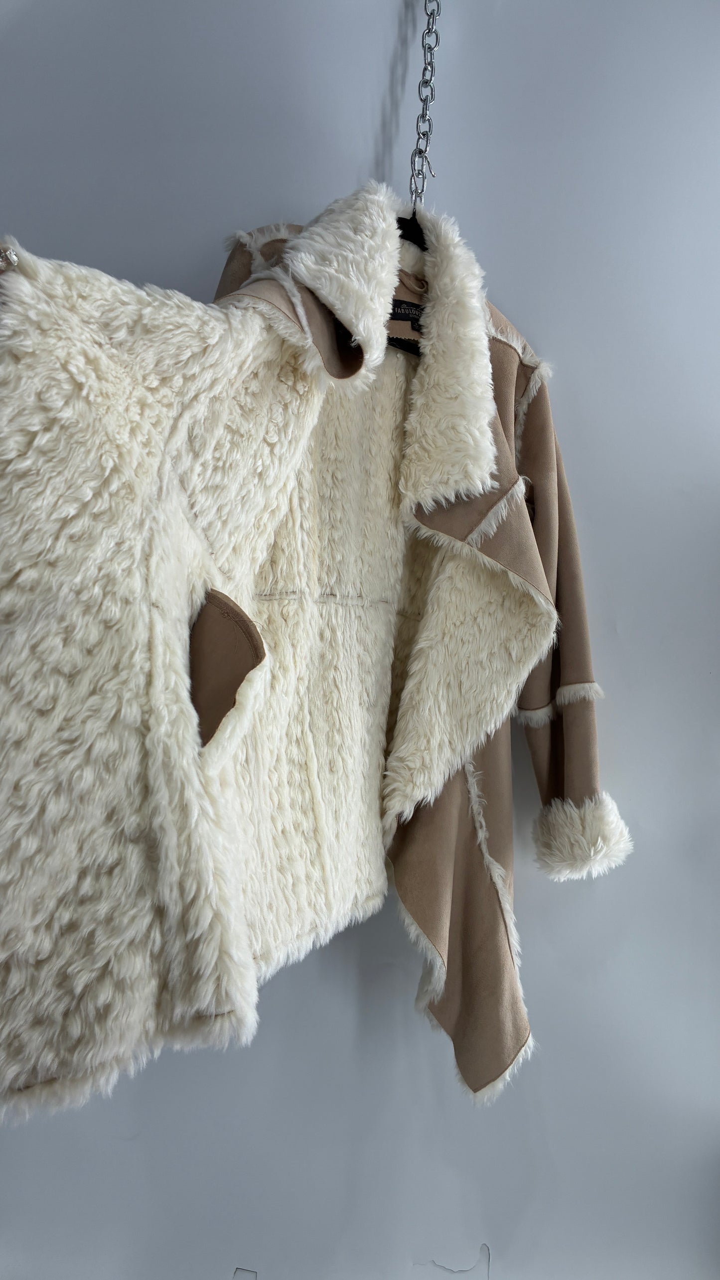 Fabulous Furs Vegan Suede Coat with Faux Fur Piping and Cuffs (Large)
