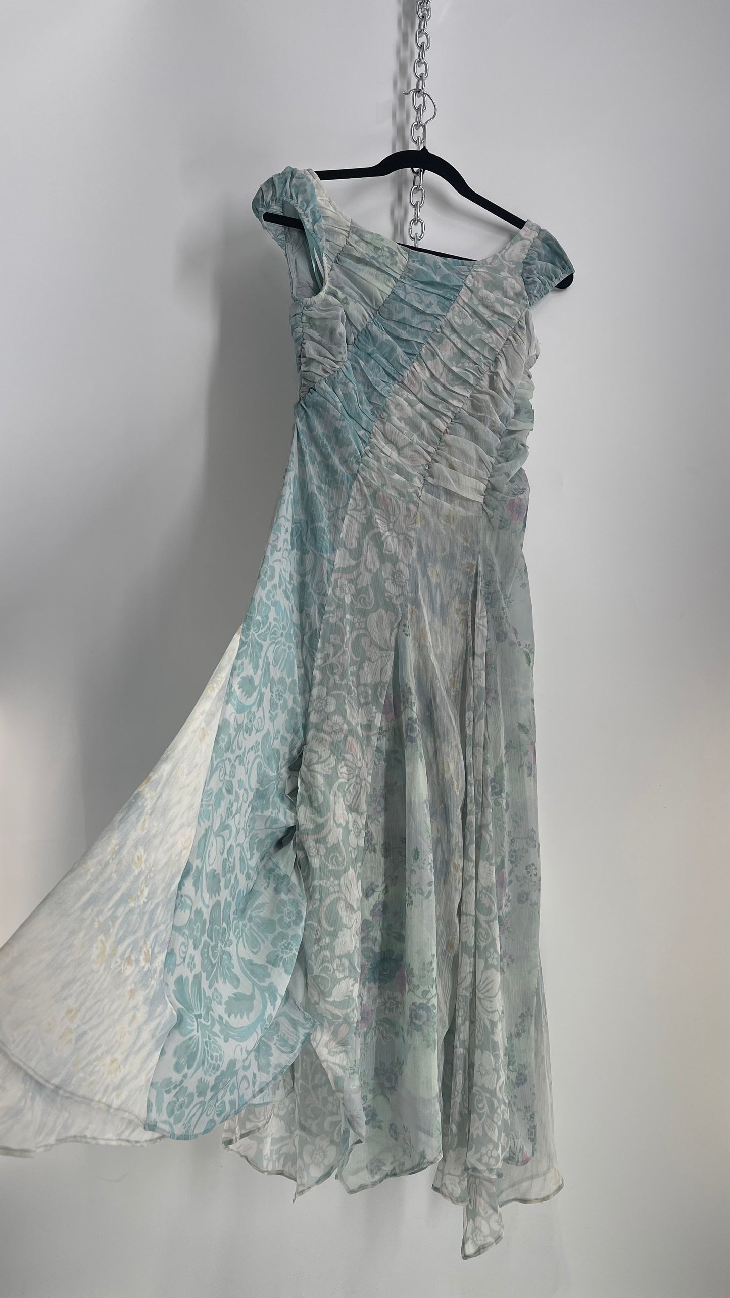 Free People Heart to Heart Blue Ruche Bust Handkerchief Hem Gown (0)