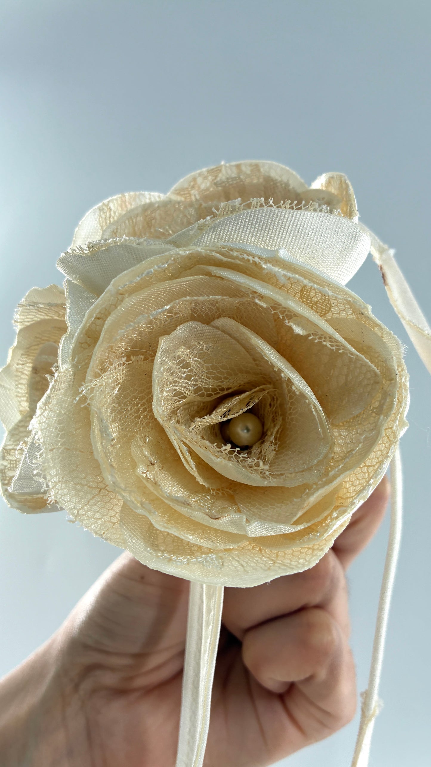 Vintage Brooch Pin: Oversized Rosette Cluster of Handmade Off White Satin and Lace Flowers with Pearl Center