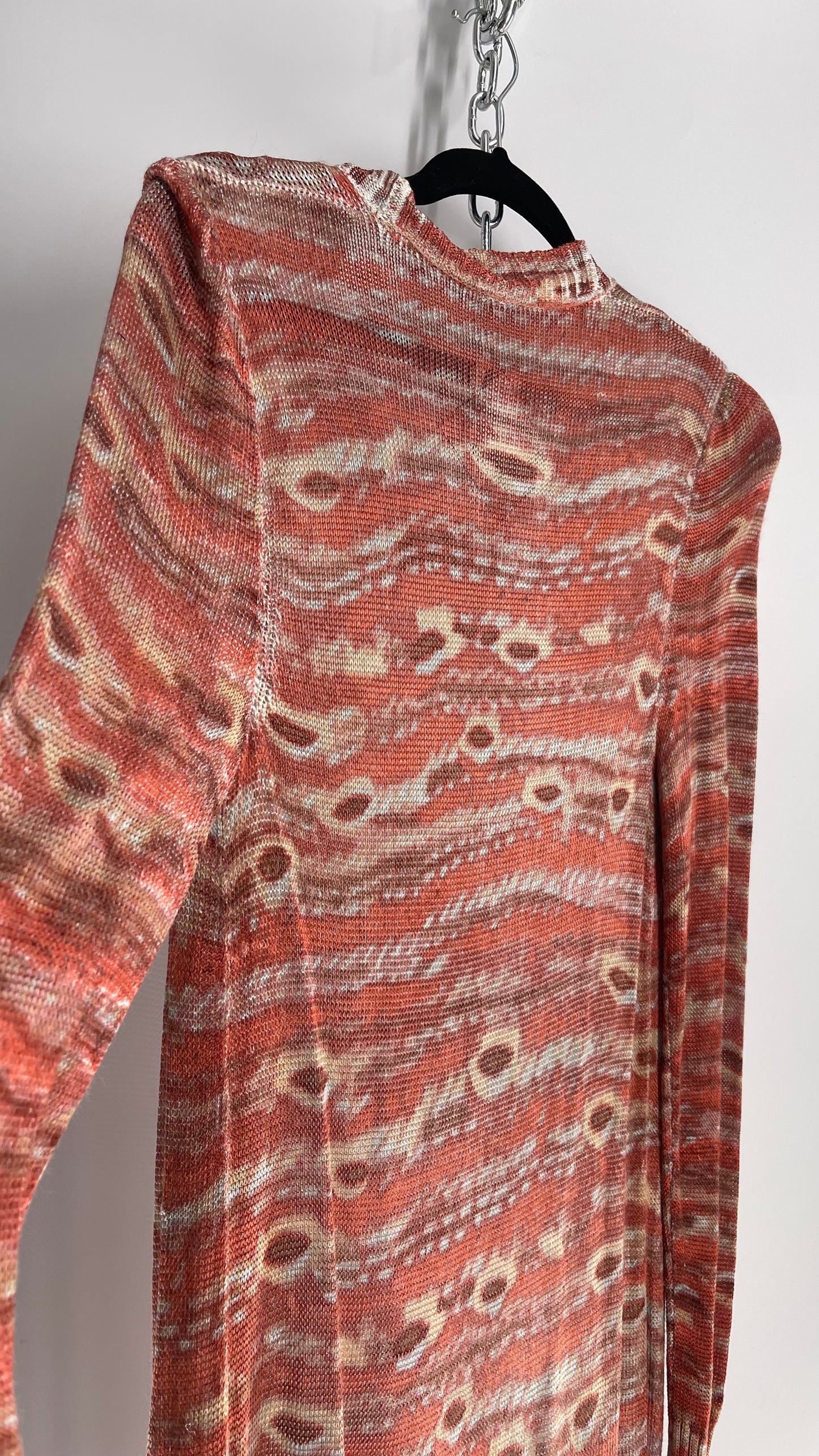 Free People Knit Floor Length Salmon Orange Patterned Cape (L)