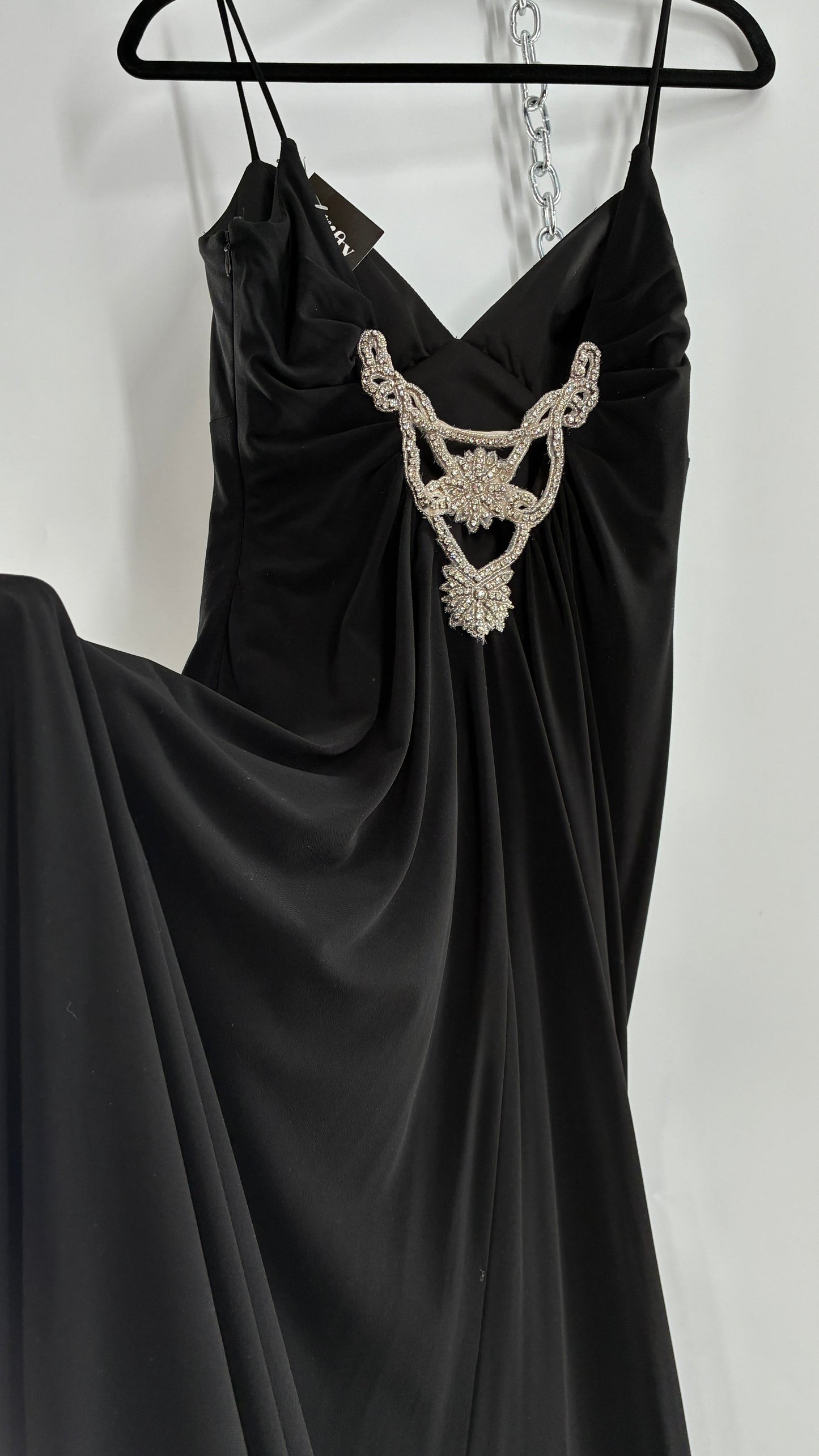 Vintage JS COLLECTION Black Full Length Gown with Jeweled Appliqué and Pleated Back (12)