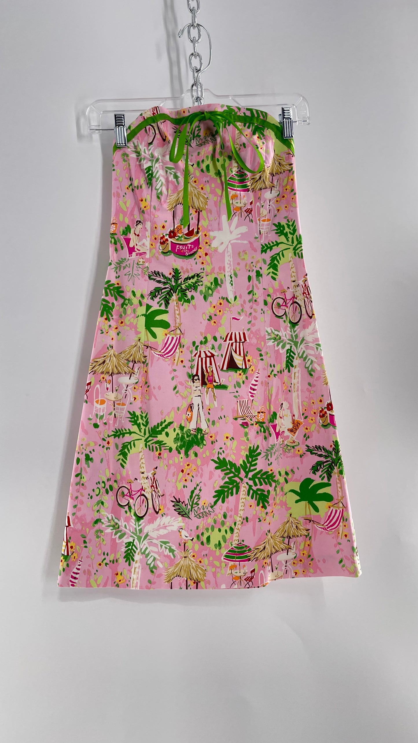 Vintage Handmade Pink Sketchbook 90s Print Mini Dress with Green Ribbon and Built In Boning (XS)