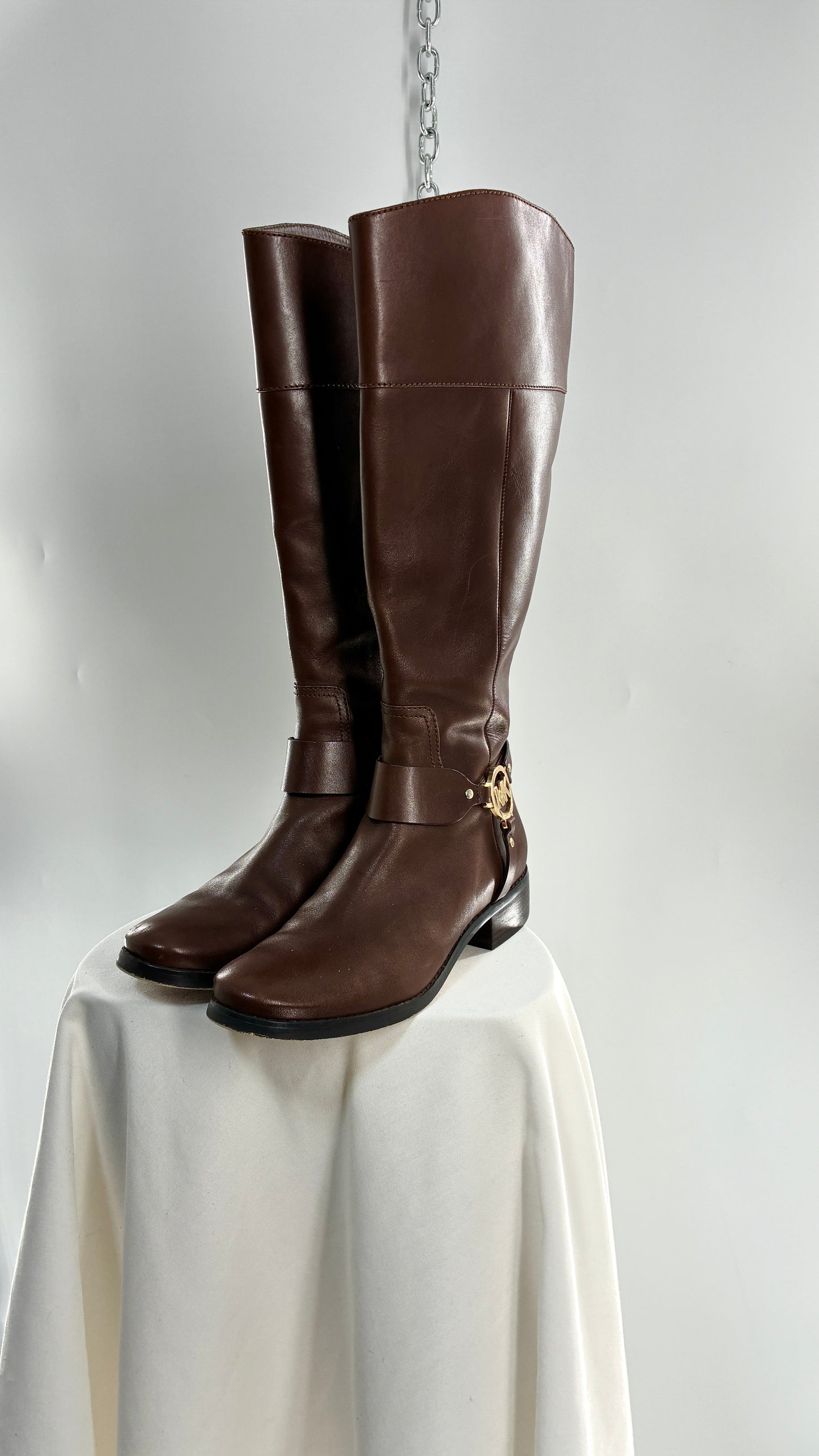 Vintage MICHAEL KORS Knee High Brown Genuine Leather Moto Boot with Gold Detailing (9)