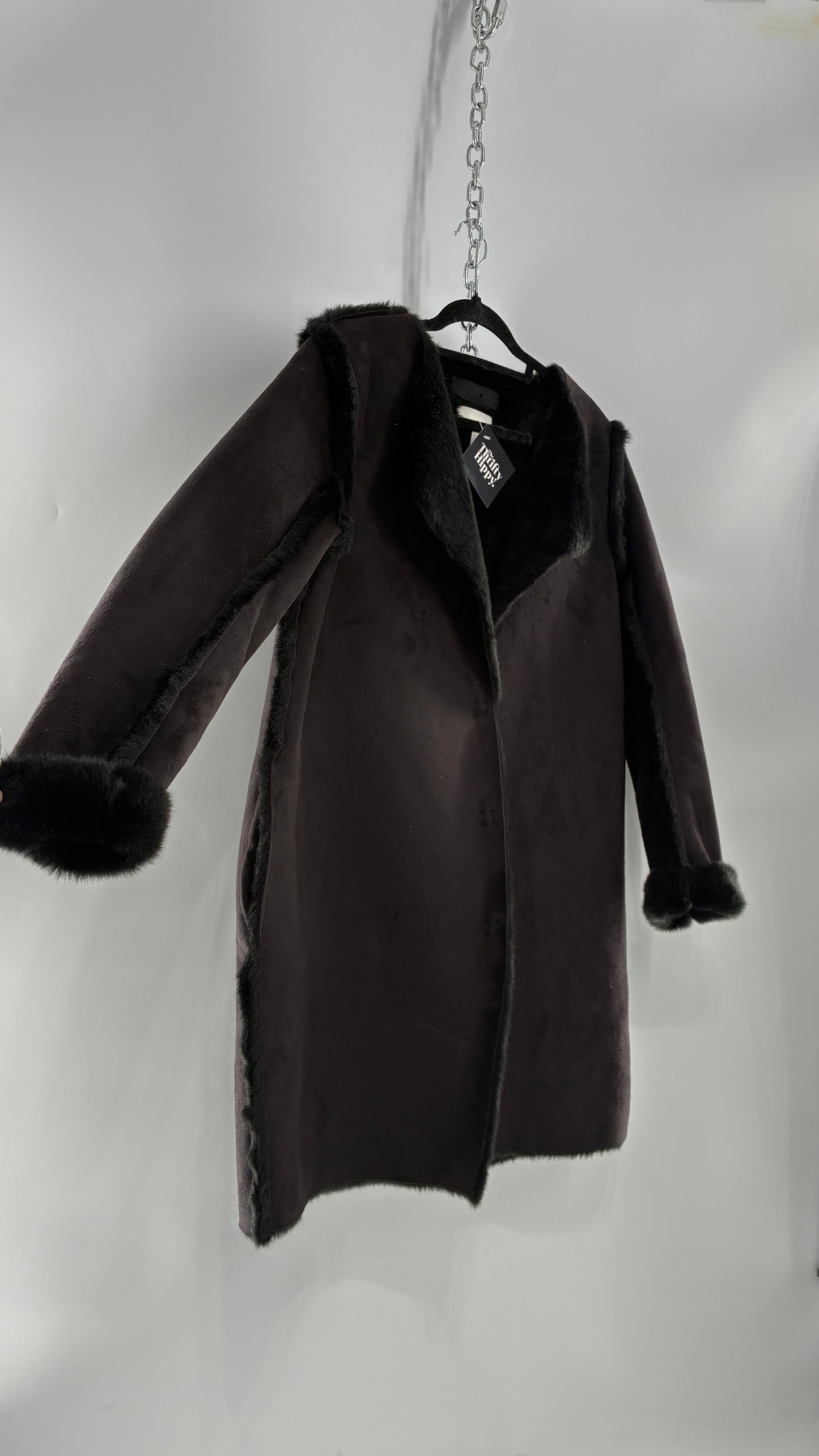 Vintage H&M Black Faux Suede Coat with Faux Fur Piping (12)