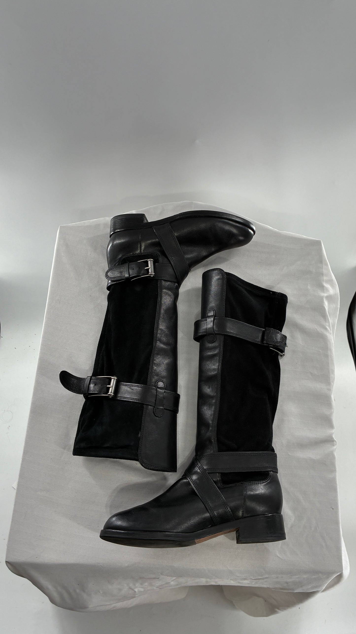 Vintage Cole Haan Black Leather Knee High Boots with Buckle Detailing (7.5)