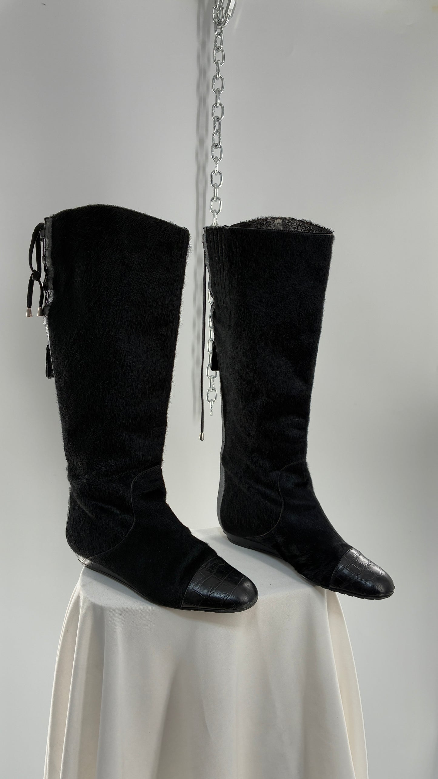 Vintage MIGLIORINI Black Genuine Calf Hair/Fur Boots with Heel, Made in Italy (7.5)