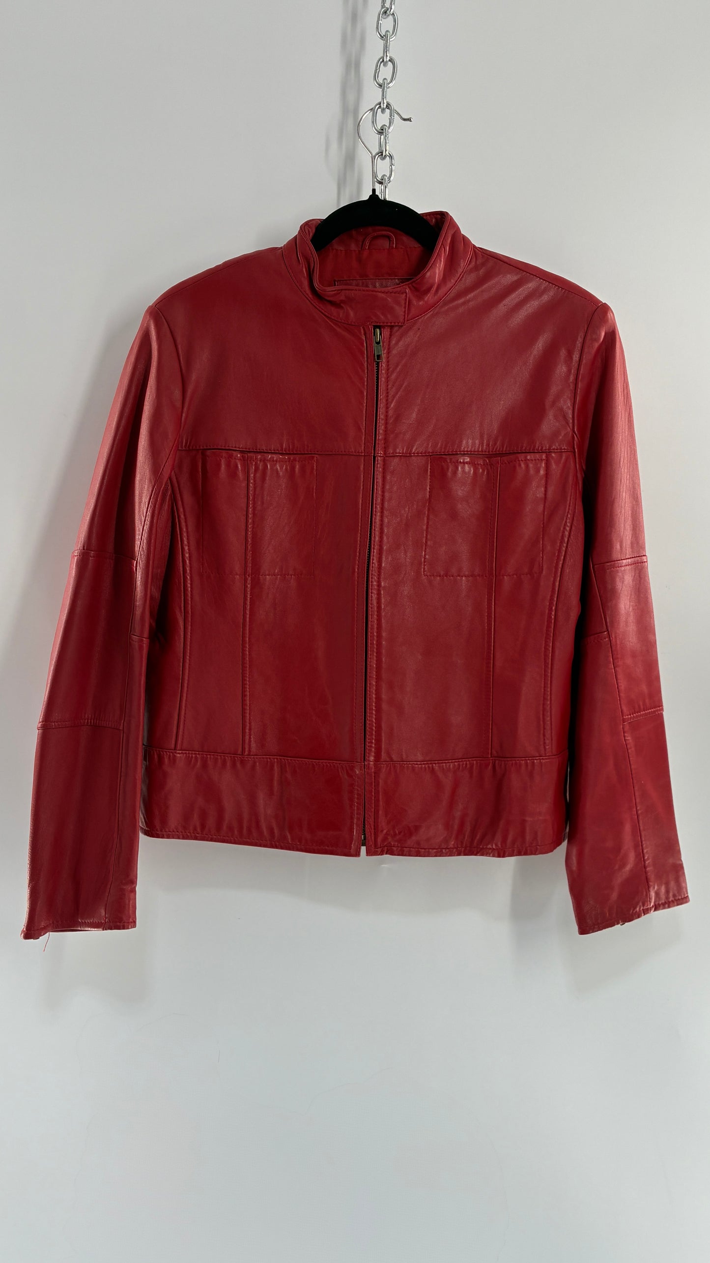 KATHY IRELAND Lamb Leather Red Motorcycle Neck Strap Jacket (Medium)