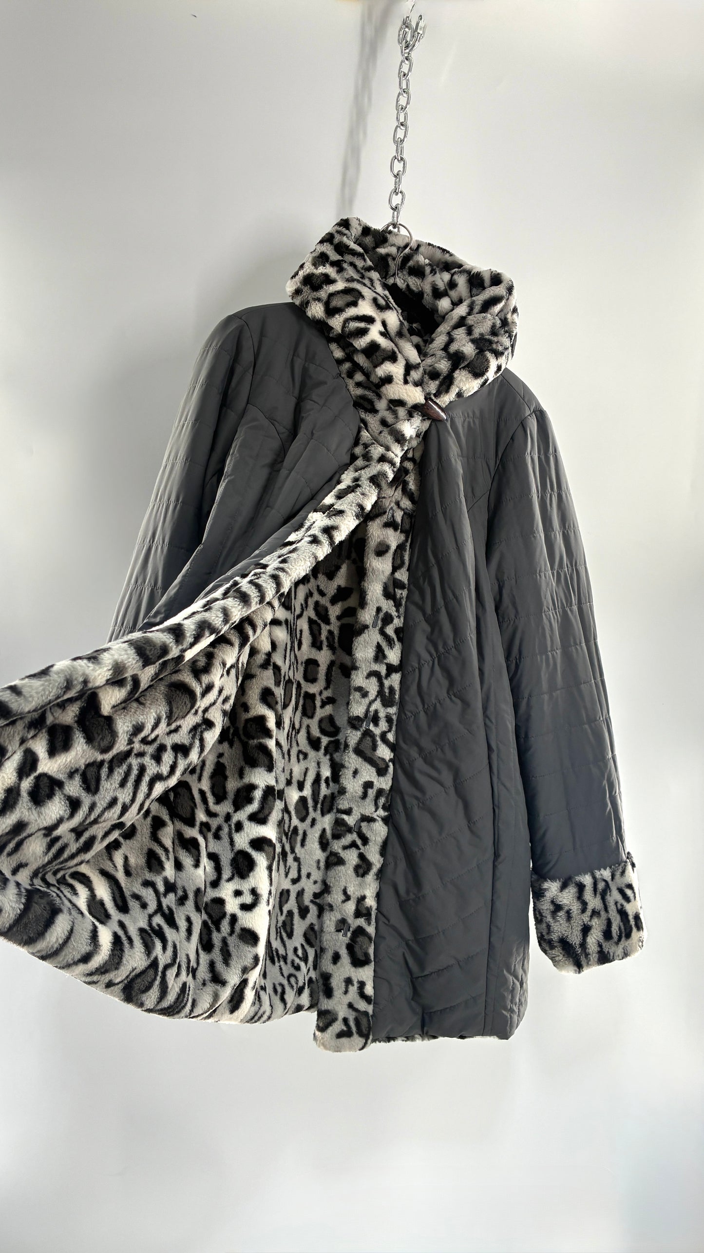 Vintage DENNIS BASSO Reversible Leopard Fur and Quilted, Hooded Coat (Large)