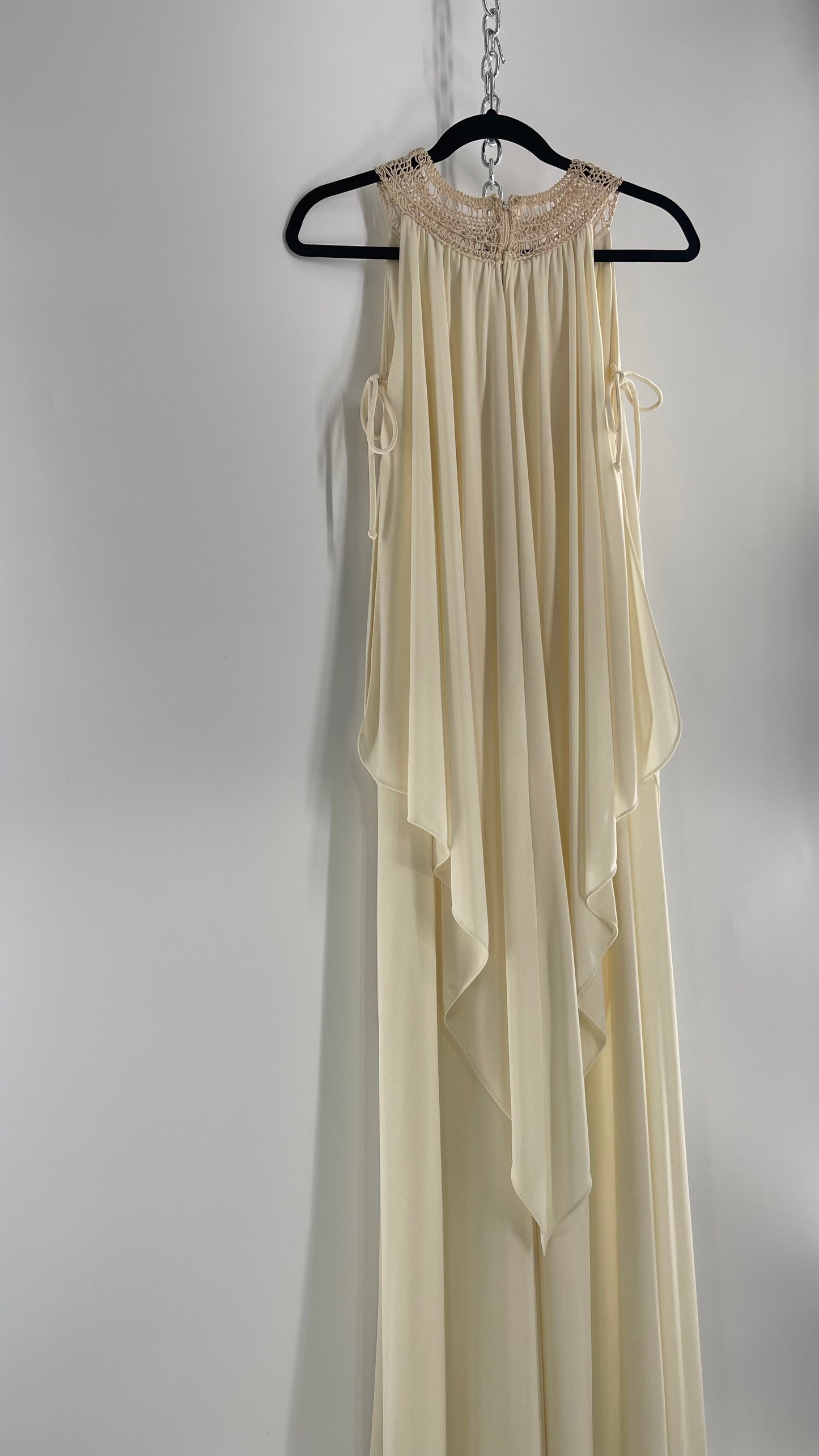 Vintage 1970s Off White Hand Made Goddess Gown with Draping Details, Tie Underarm, Pleated Body and Crochet/Macrame Neckline Detail (XS/S)