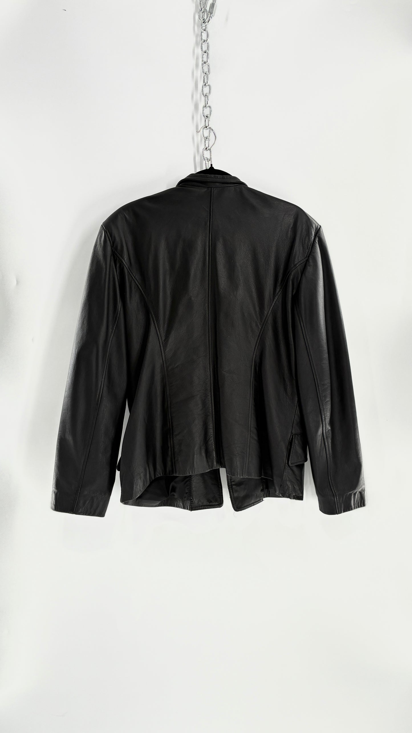 Vintage Virginia Slims Black Genuine Leather Military Jacket with Double Breasted Embossed Buttons (Large)