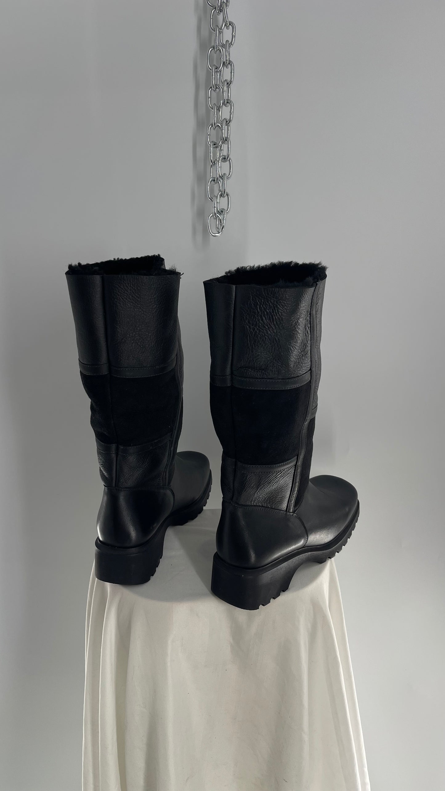 Vintage 1990s LA CANADIENNE Mixed Panel Suede and Patent Leather, Square Toe, Fur Lined Boots (10)