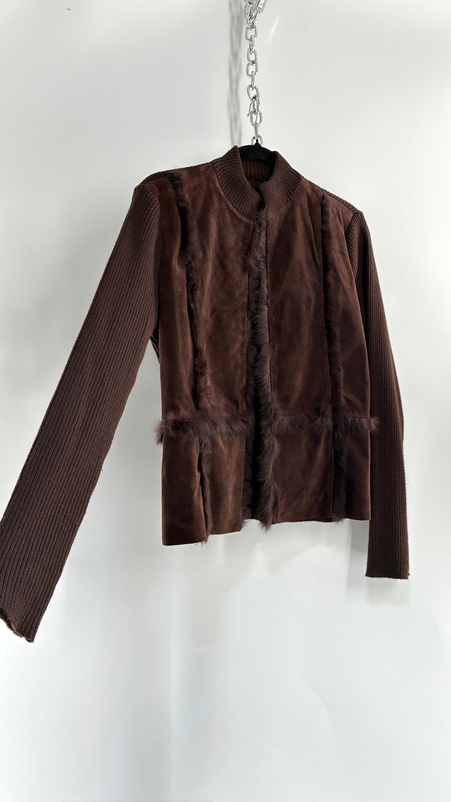 Vintage Brown Ribbed Jacket with Genuine Suede Leather Paneling and Rabbit Fur Trim (Medium)