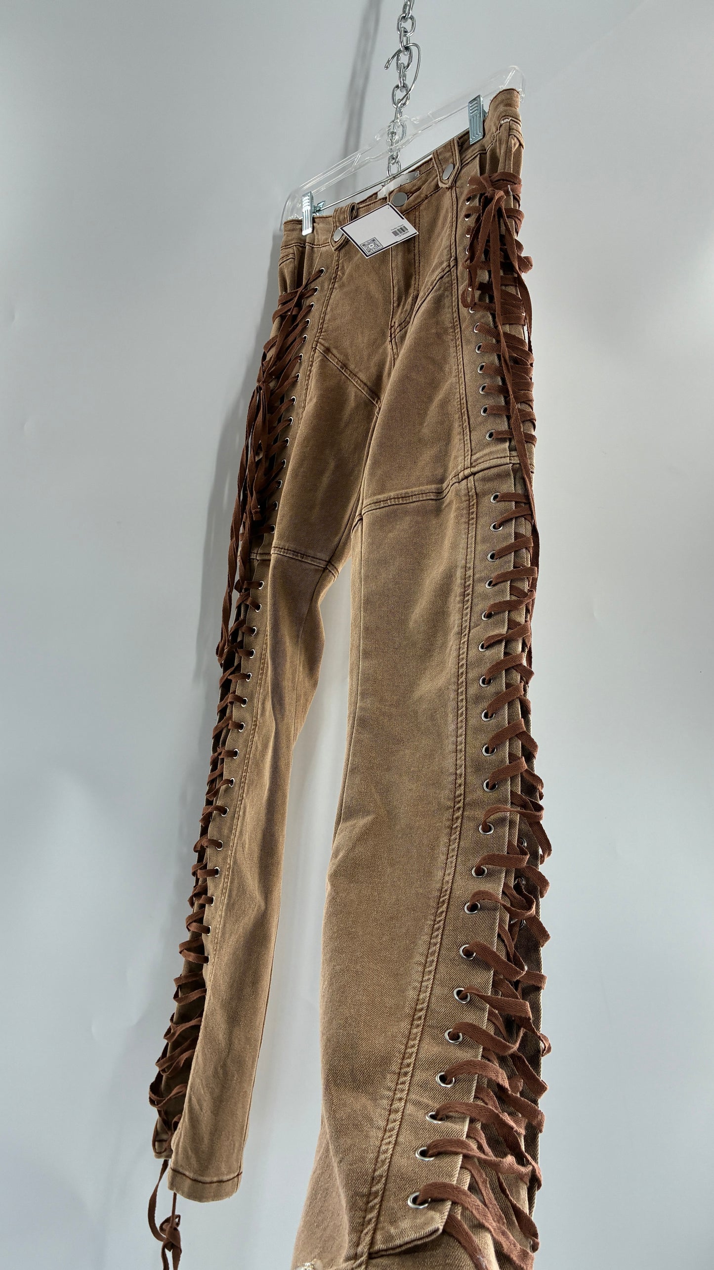 FASHION NOVA Side Tie Faded Brown Jeans (Medium)