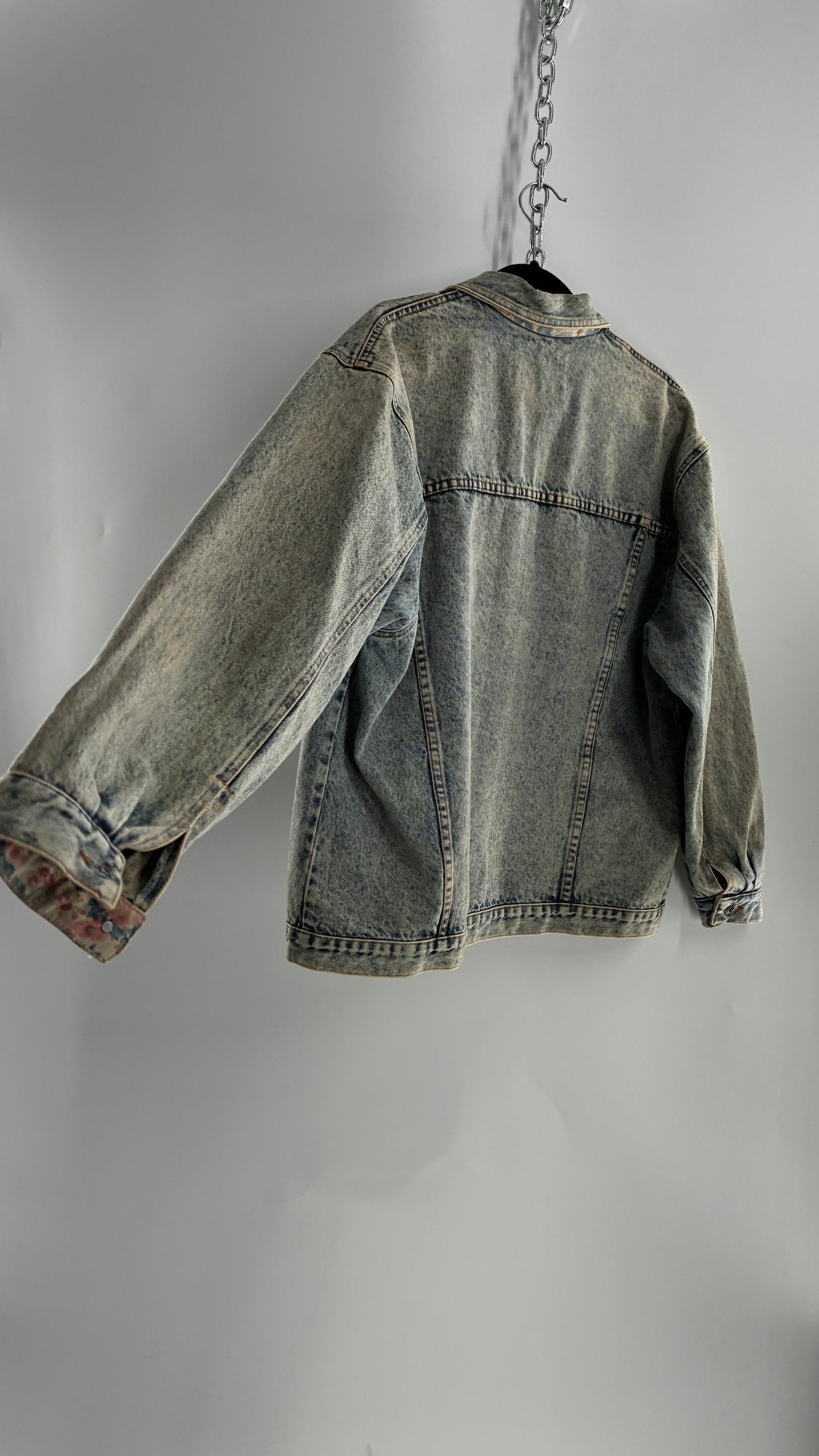 Vintage American Pacific Acid Wash Denim Jacket with Floral Patterned Cuffs (Large)