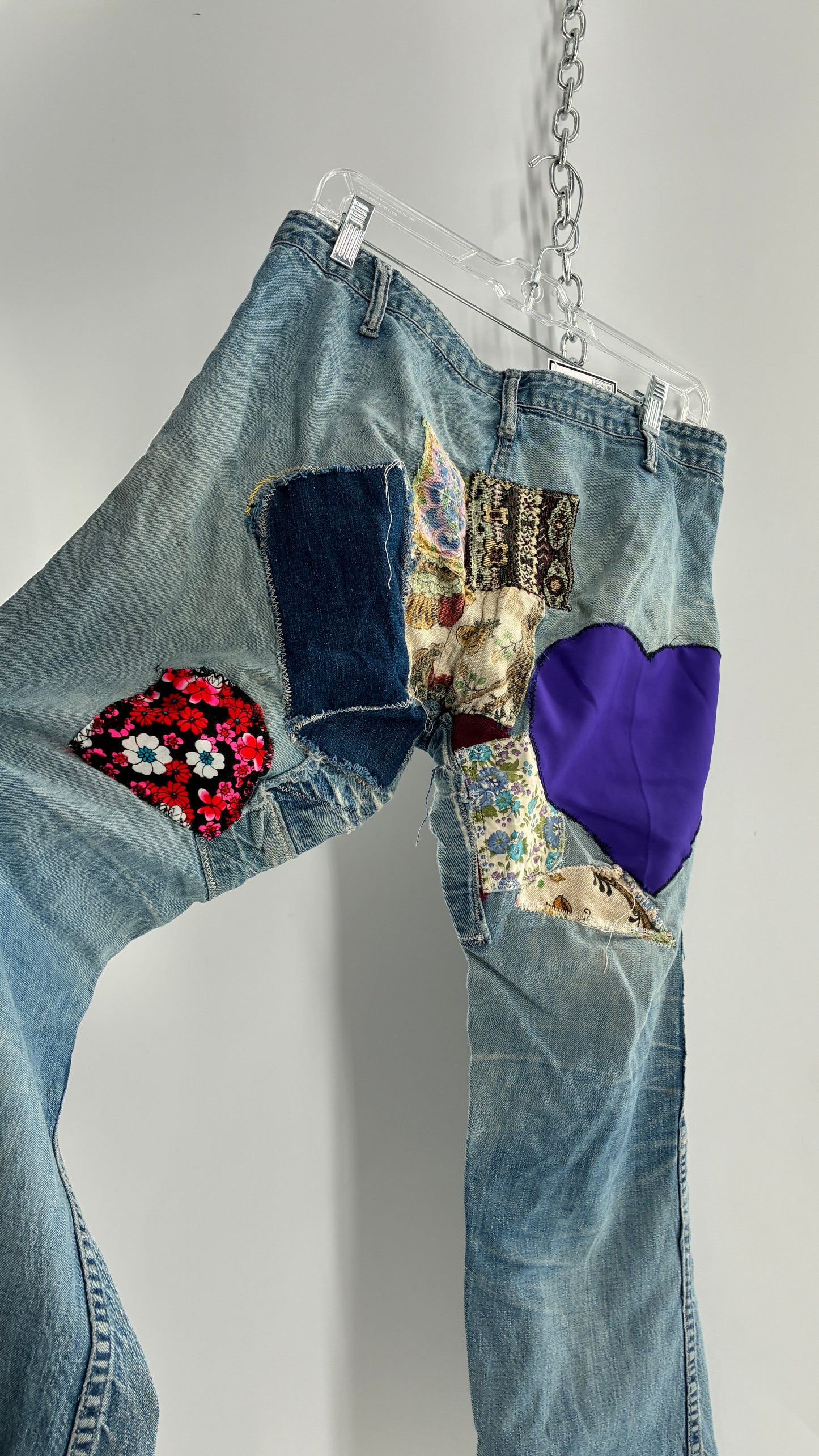 Vintage Rare 1970s Light Wash, Low Rise Boot Cut Jeans with Hand Stitched Tapestry Style Patches and Purple Heart on Bum (Measurements Below)