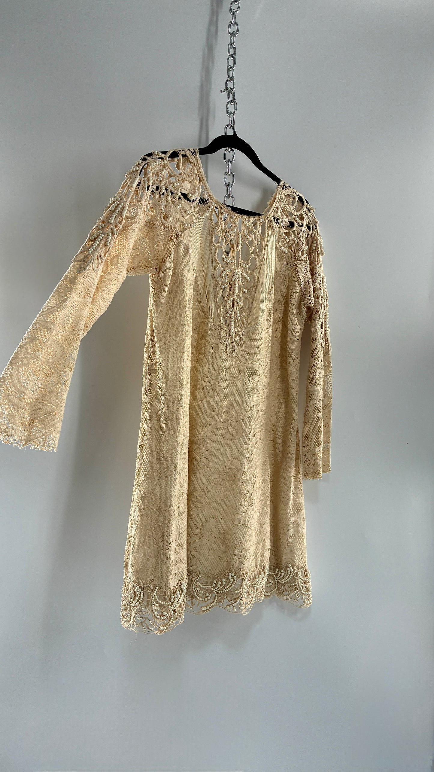 Vintage Free People Beige Long Sleeve Lace Dress with Deep Neckline, Low Back and Beaded Details