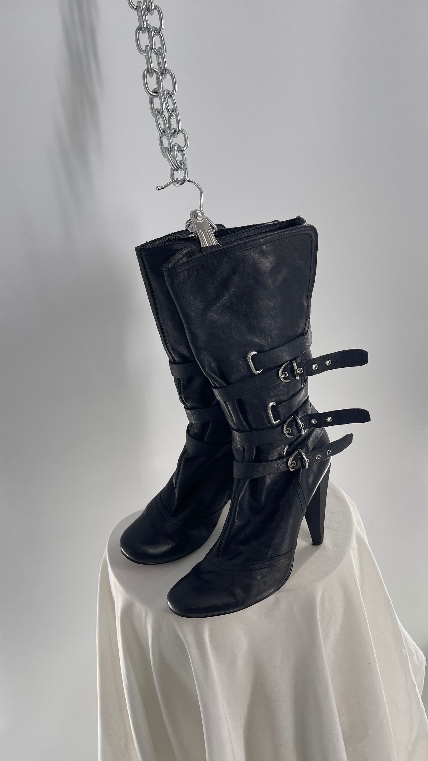 Vintage Black Leather Round Toe Knee High Boot Heel with Multiple Strap/Buckle Details (8.5)