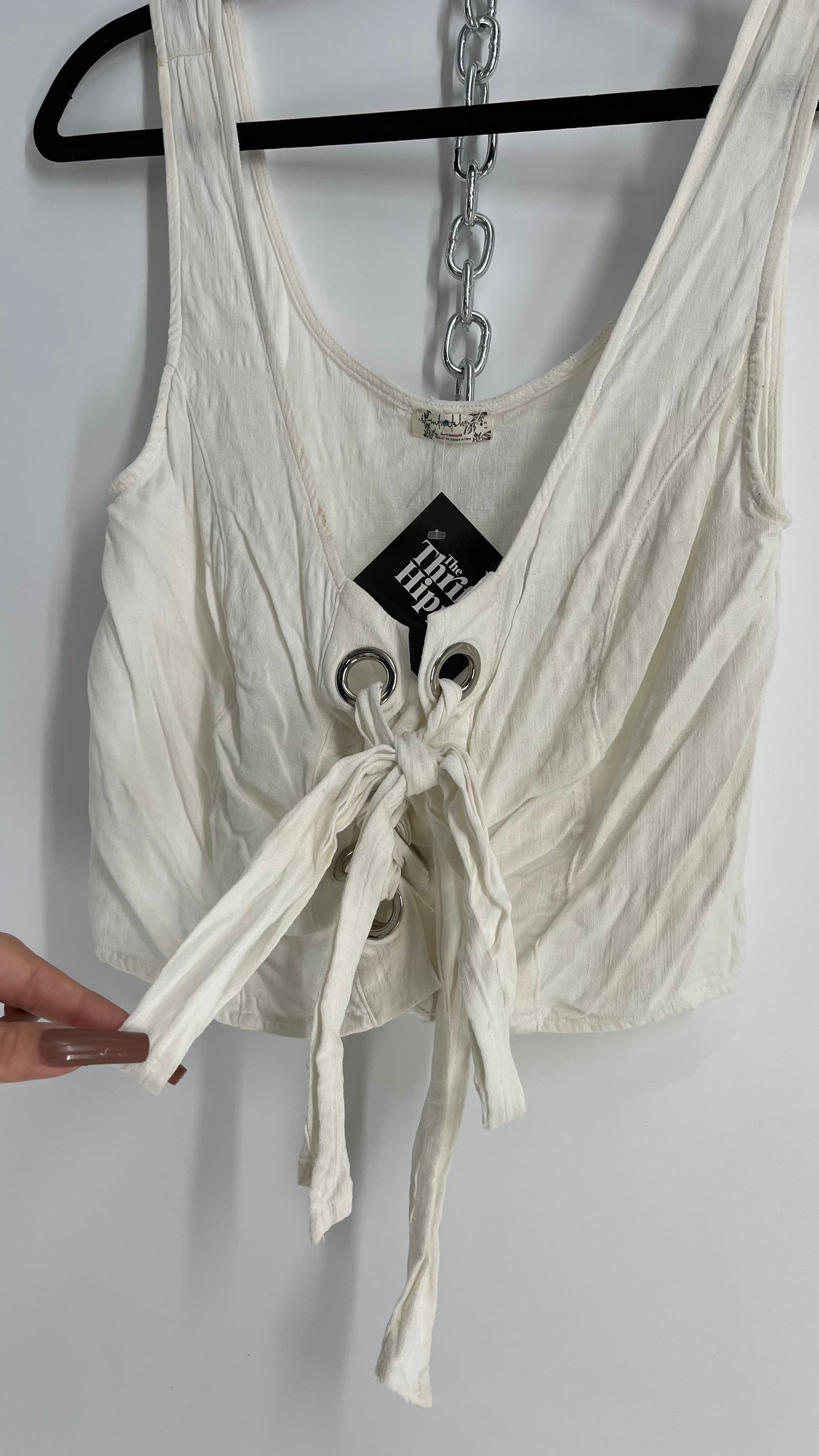 Intimately Free People White Crimped Metal Grommet Tie Front Tank (Small)