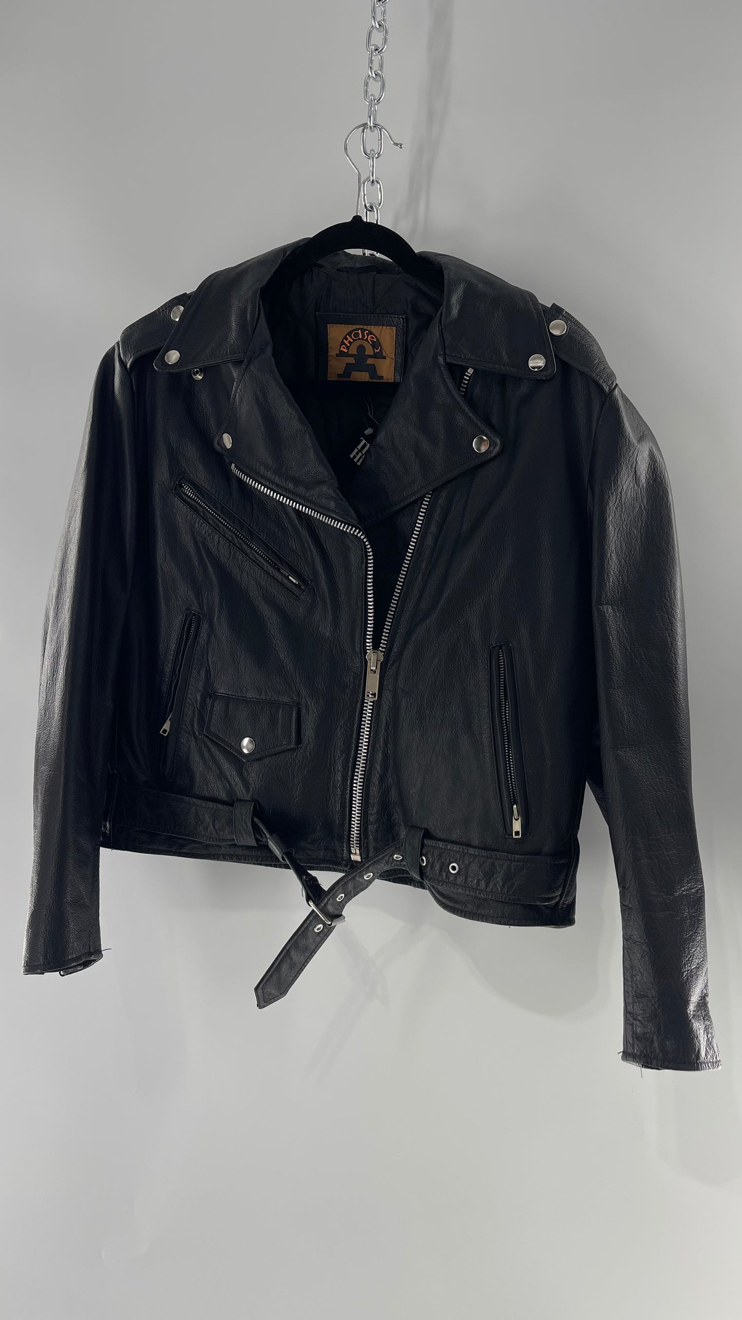 Vintage PHASE II Leather Motorcycle Jacket with Heavy Metal Detailing  (Large)