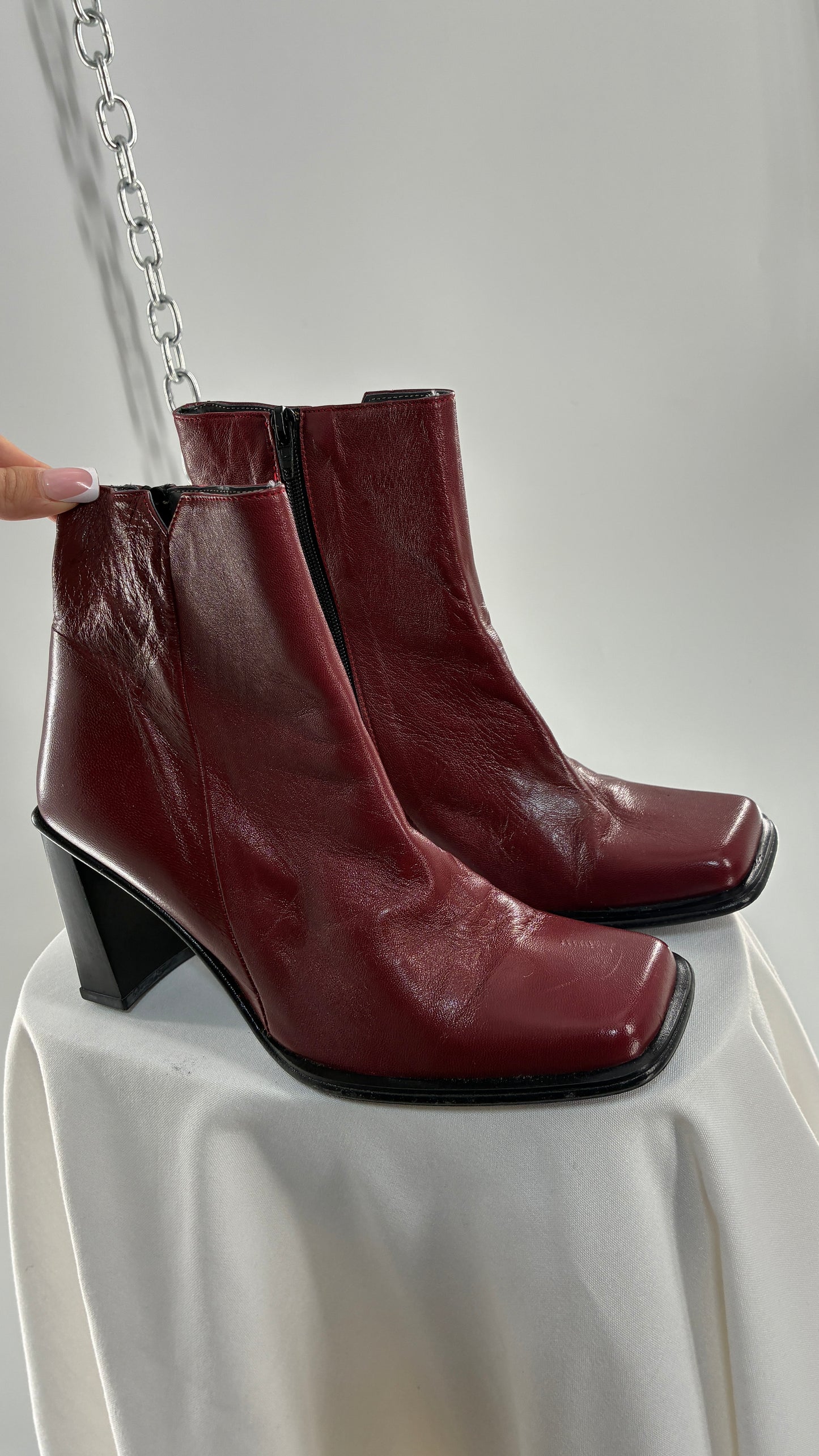 Vintage APARATUS BOOTS Red Genuine Leather Square Toe, Square Heel Boots with Purple Sole (38)