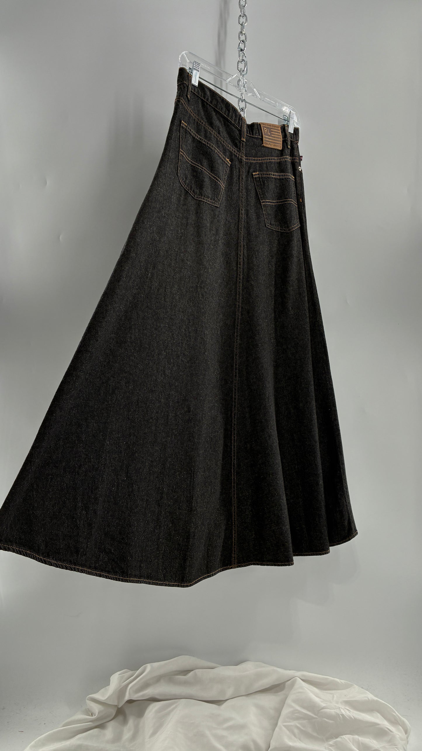 Vintage Ralph Lauren 100% Cotton Dark Wash Denim Full Length Skirt  (6)