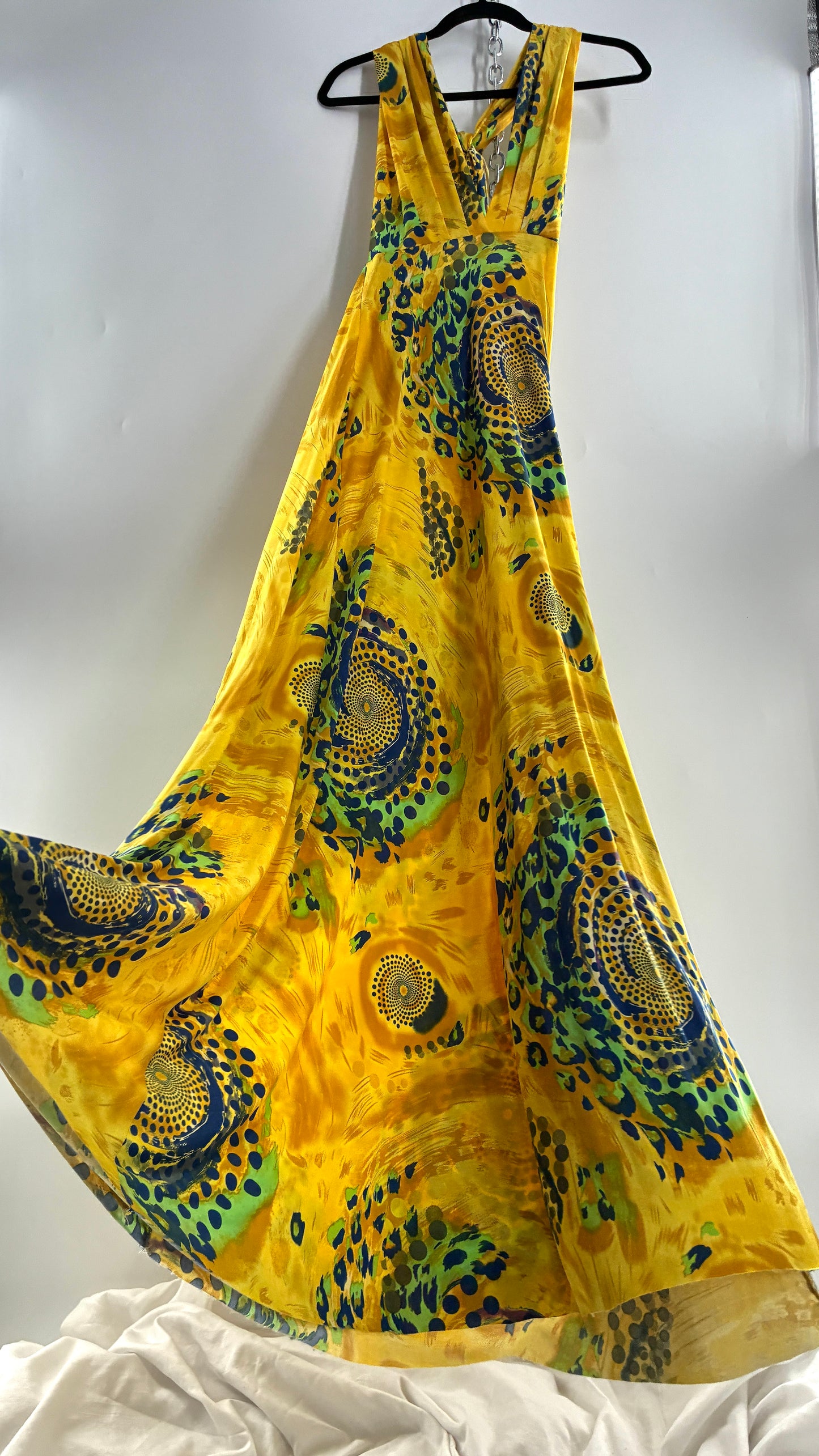 Vintage NARCISA LANG Lycra Full Length, Backless Yellow Dress with Graphic Pattern (XS/S)