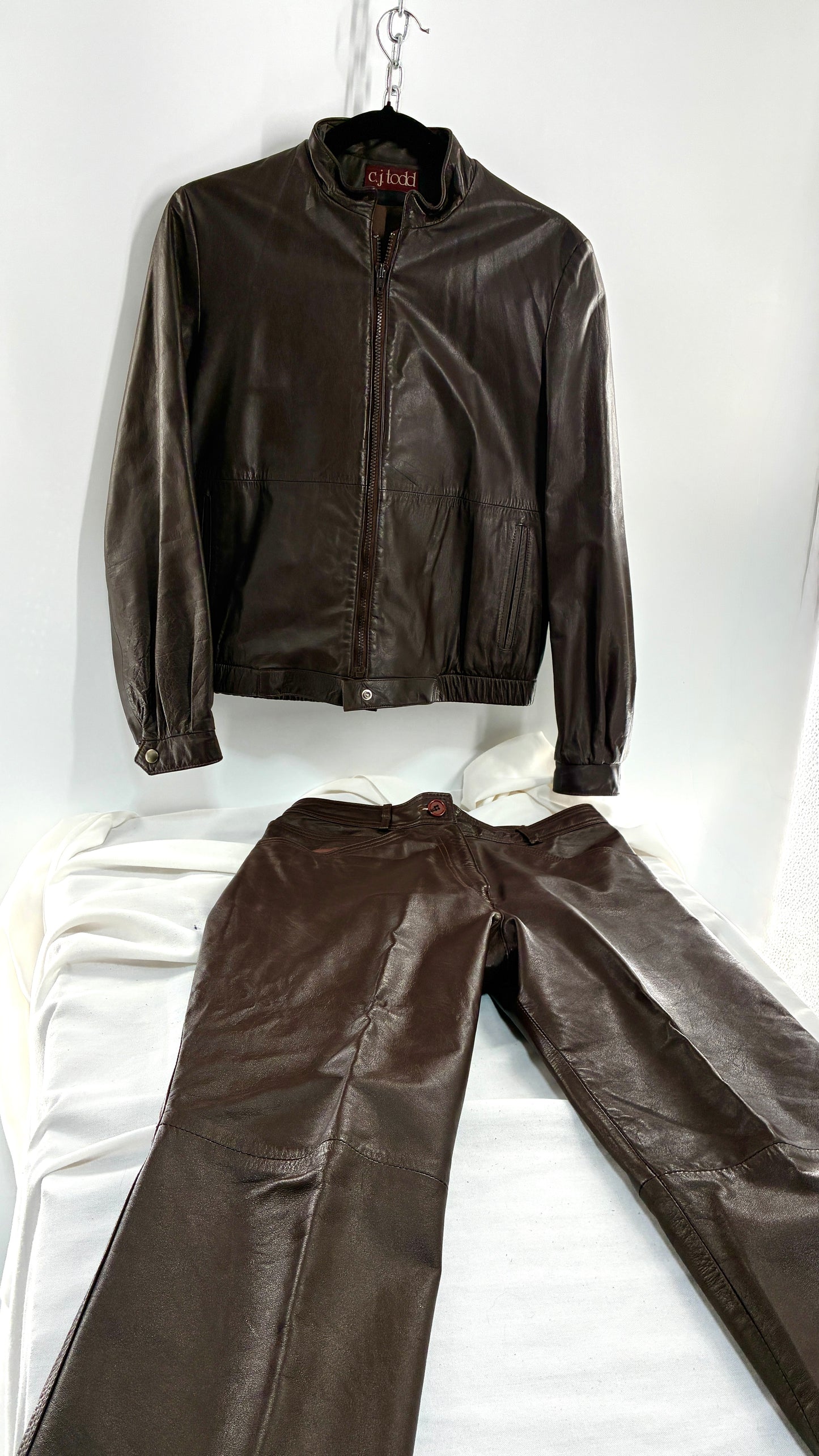Vintage JORDACHE X CJ TODD Chocolate Brown Genuine Leather Trouser Moto Jacket Set (Small)