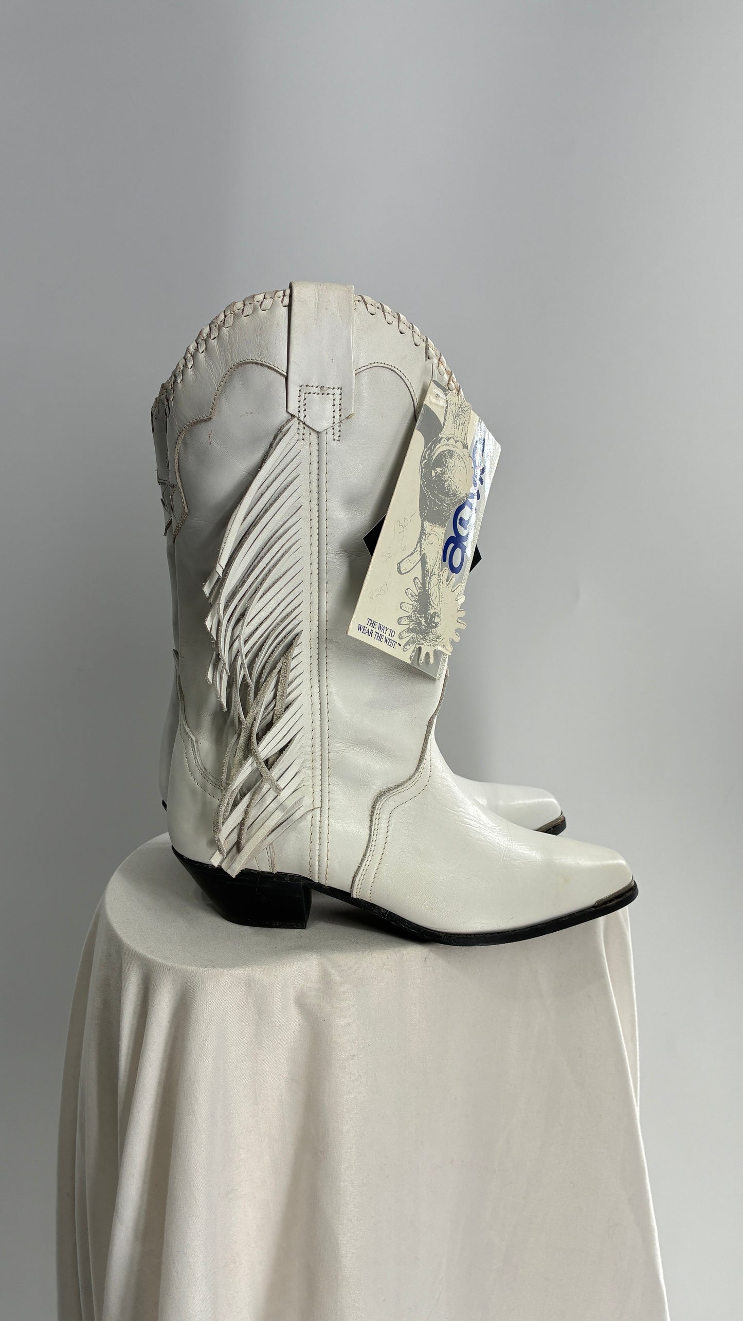 Deadstock Vintage ACME White Cowboy Boots with Braided Cuff, Fringe Sides(6)