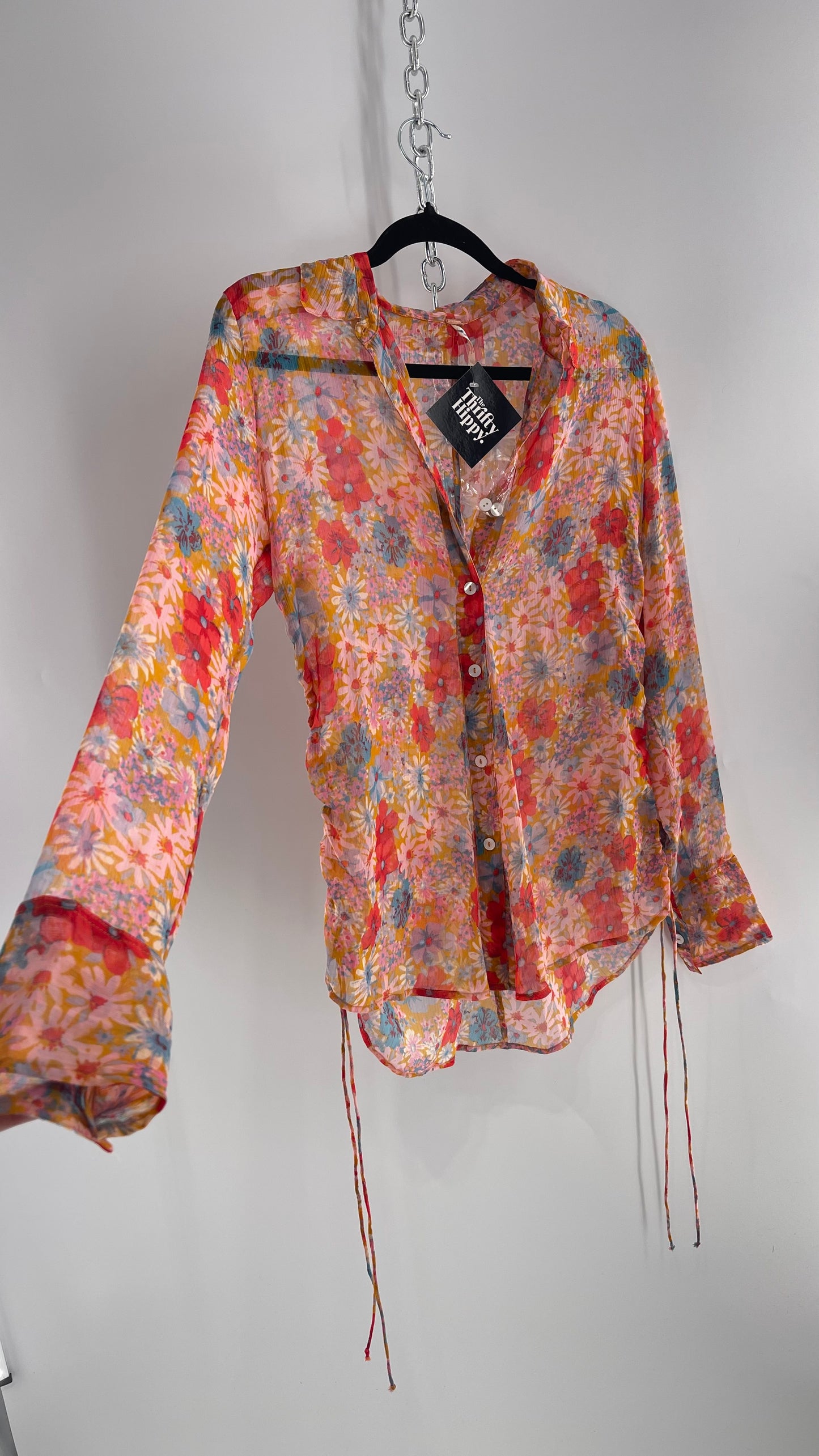 Free People Sheer Orange Floral Button Up with Ruched Sides (XS)