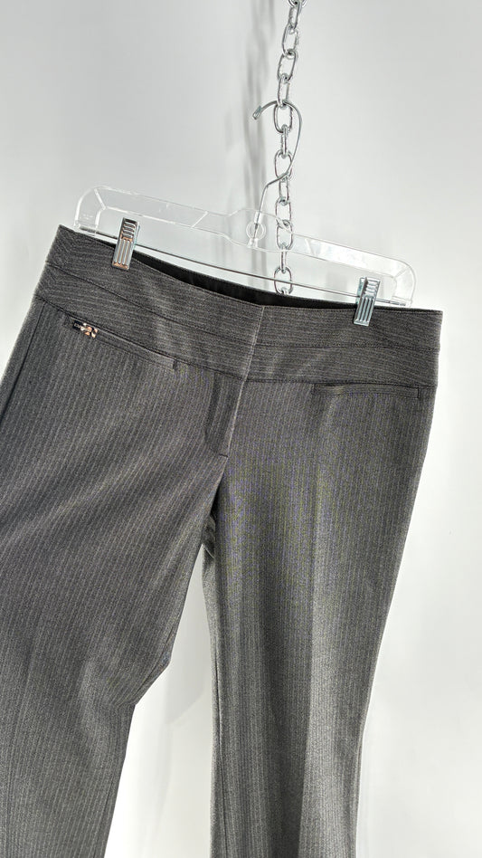 Vintage 1990s EXPRESS Editor Dark Grey Pinstripe  Ultra Low Rise Thick Hip Band Kick Flares (6R)