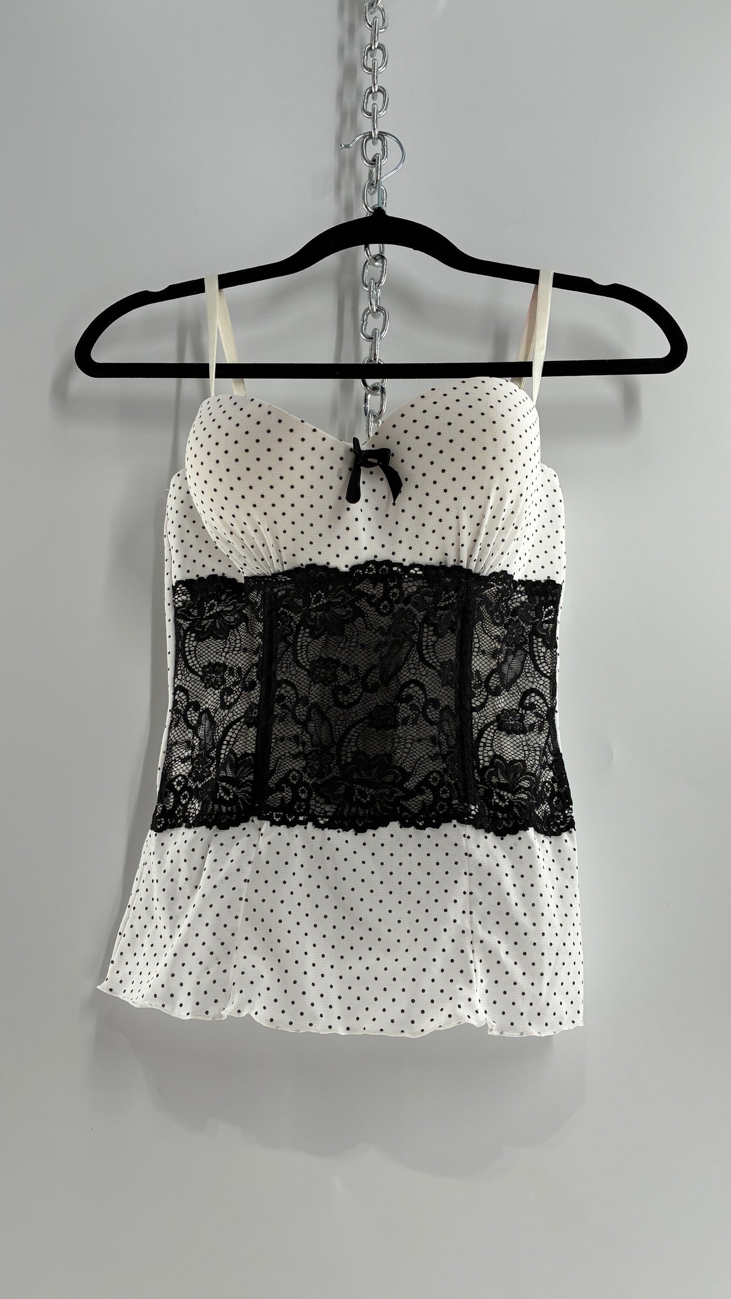 Vintage Black and White Polka Dotted Bustier Babydoll with Lace Bodice Detailing (Medium)