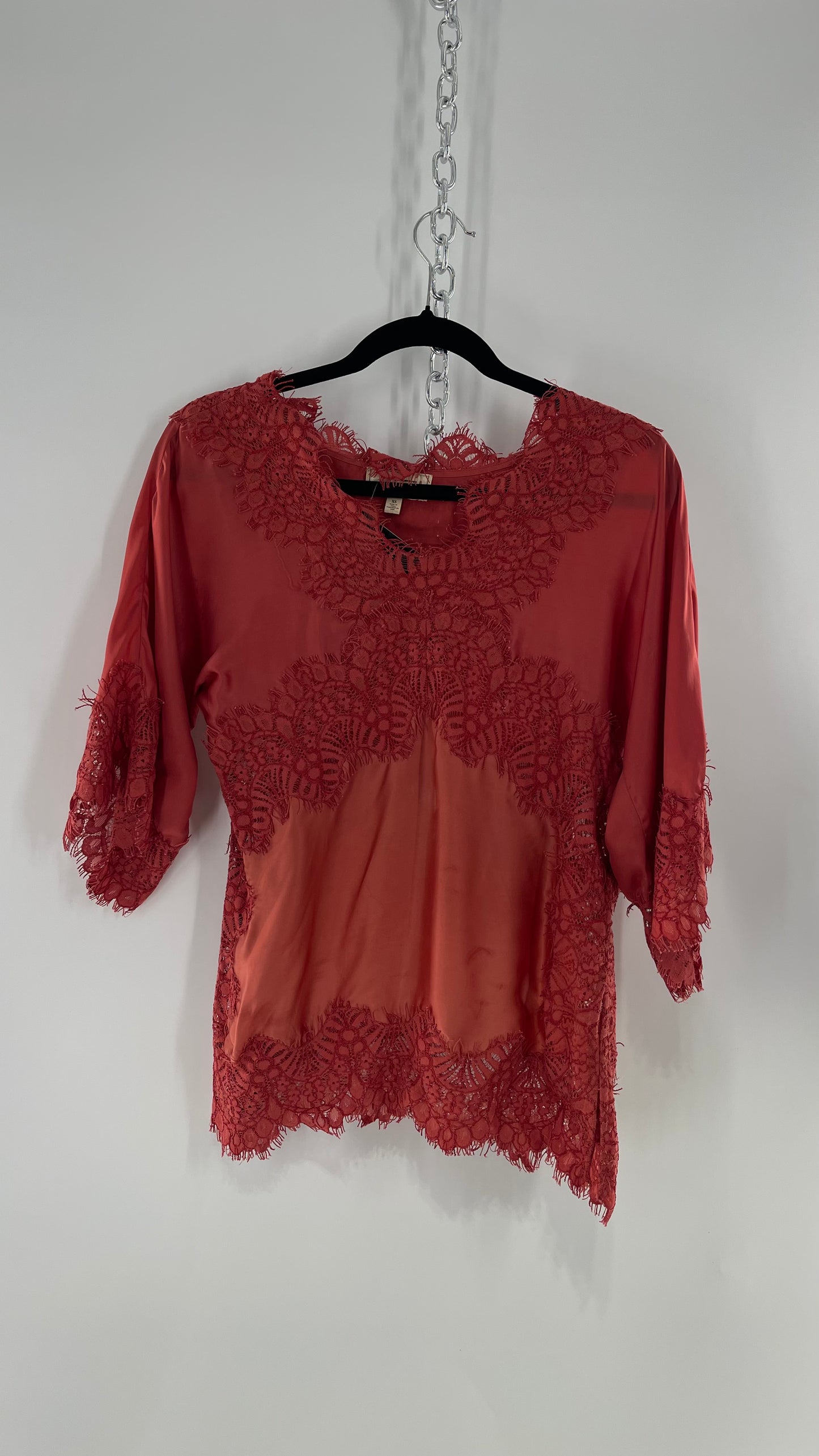 Moulinette Soeurs Vetements Silky Blouse with Thick Scalloped Lace Trim (XS)