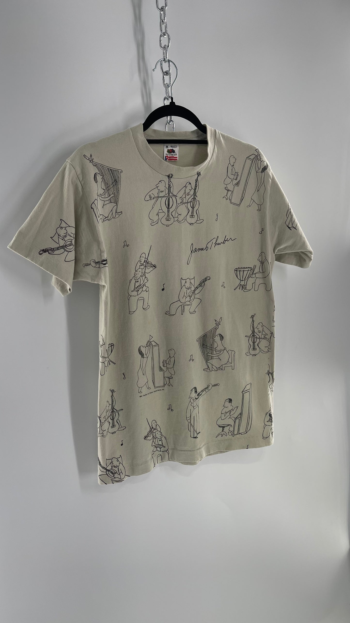 Vintage James Thurber Welcome to the Opera Beige Doodle Comic Sketch T Shirt (M)