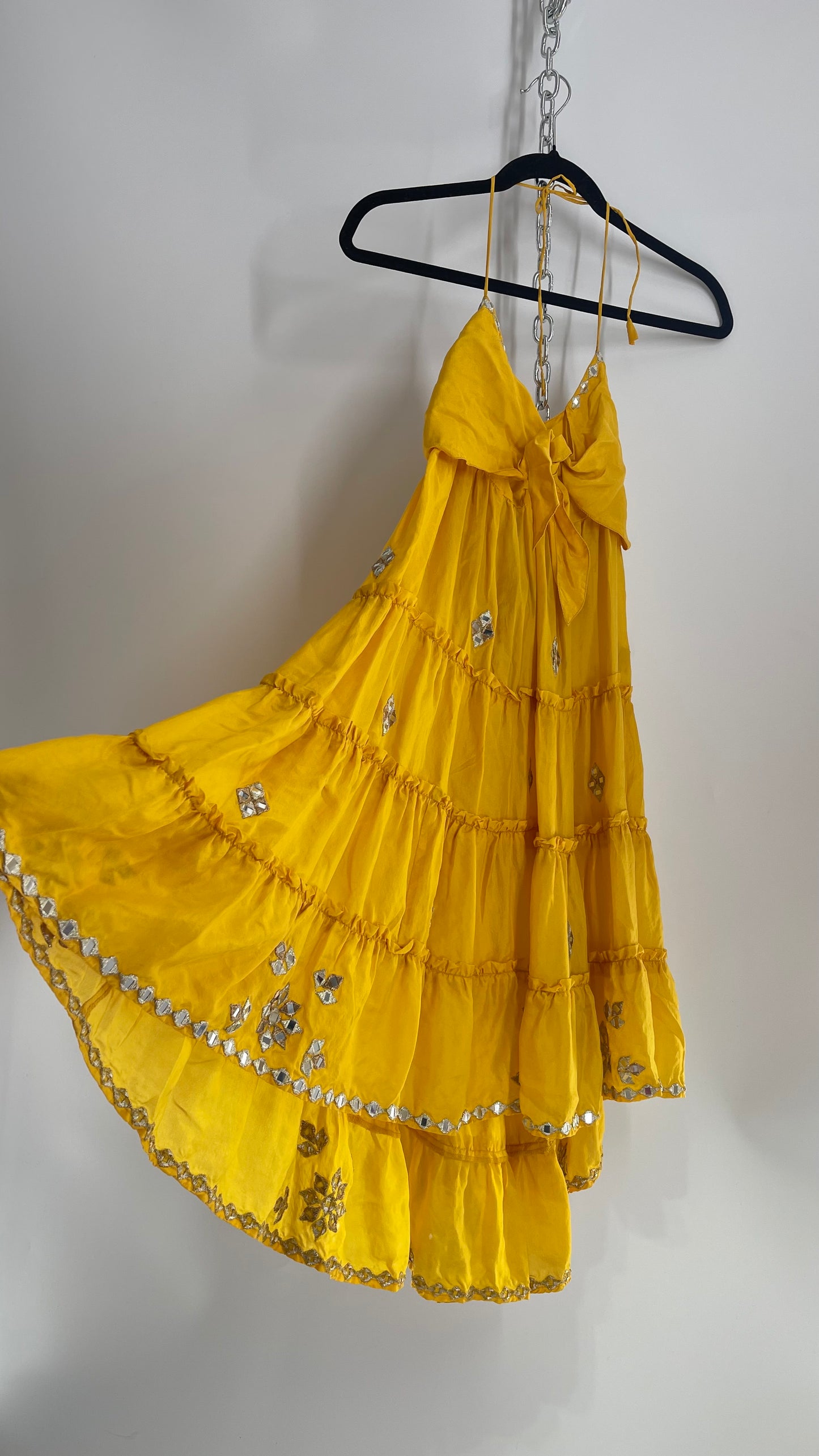 Vintage Juliet Dun Silky Yellow Tiered Dress with Mirror Details (2)