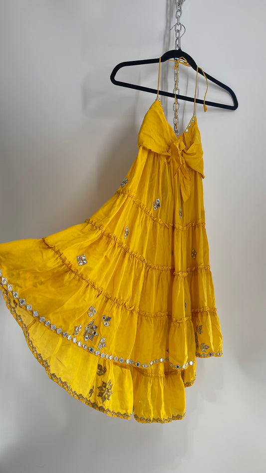 Vintage Juliet Dun Silky Yellow Tiered Dress with Mirror Details (2)