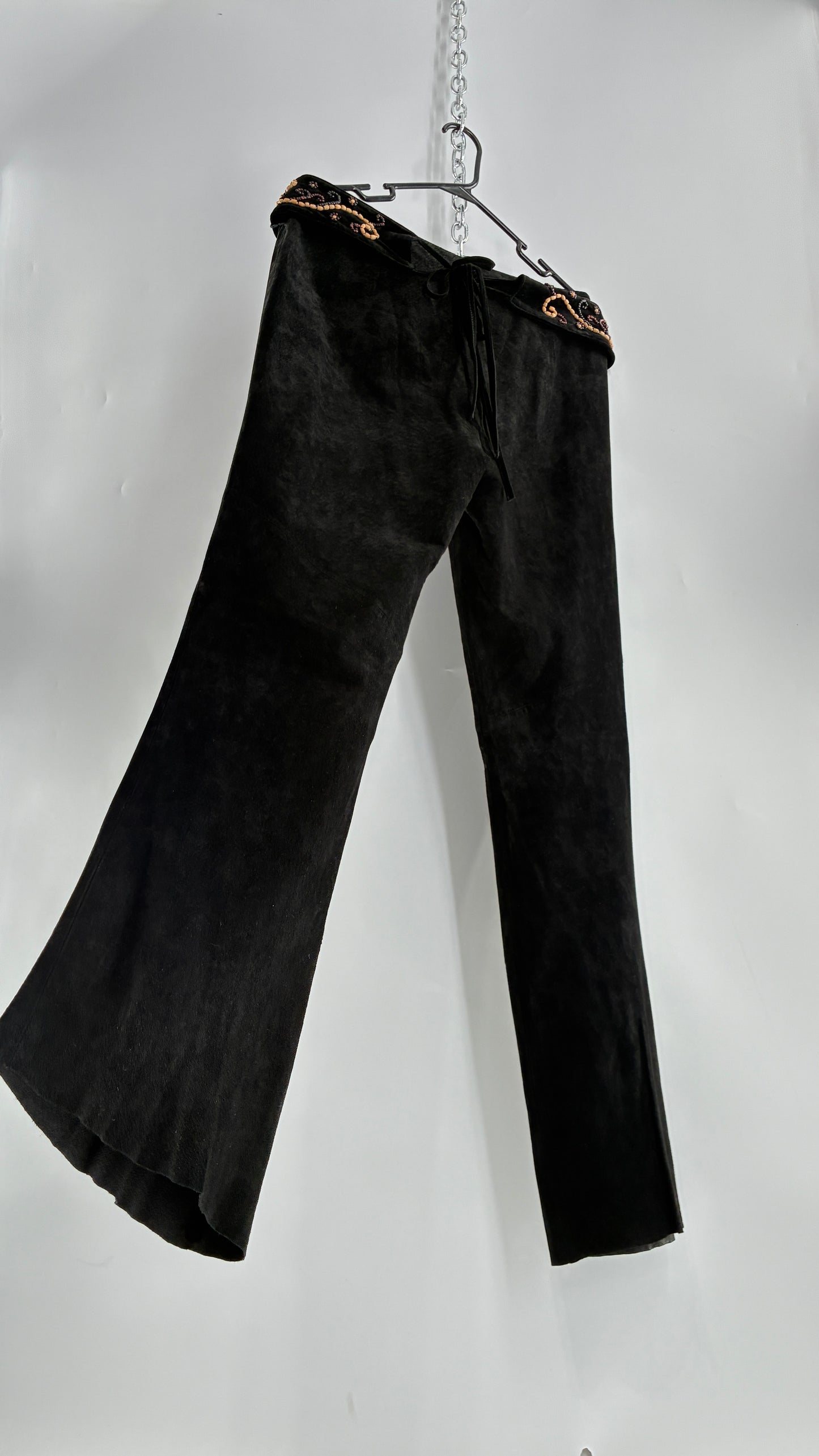 Vintage Margaret Godfrey Black Genuine Suede Leather Kick Flares with Wide Beaded Belt (10)