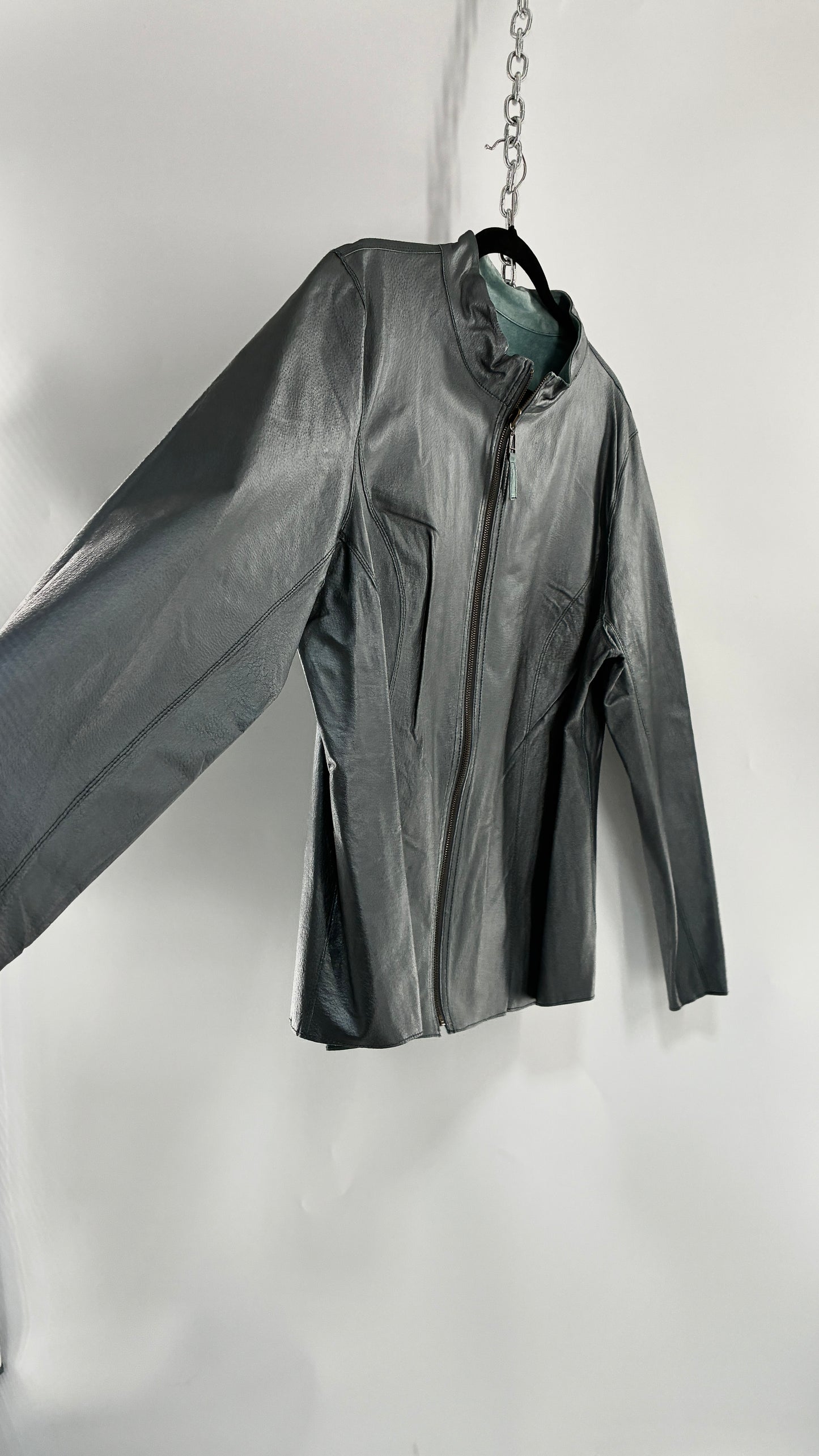 Vintage 1990s Metallic Blue Genuine Leather and Suede Reversible Thin, Zip Up Moto Jacket (XXL)