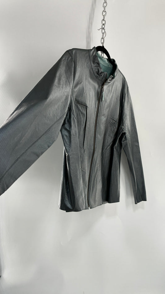 Vintage 1990s Metallic Blue Genuine Leather and Suede Reversible Thin, Zip Up Moto Jacket (XXL)