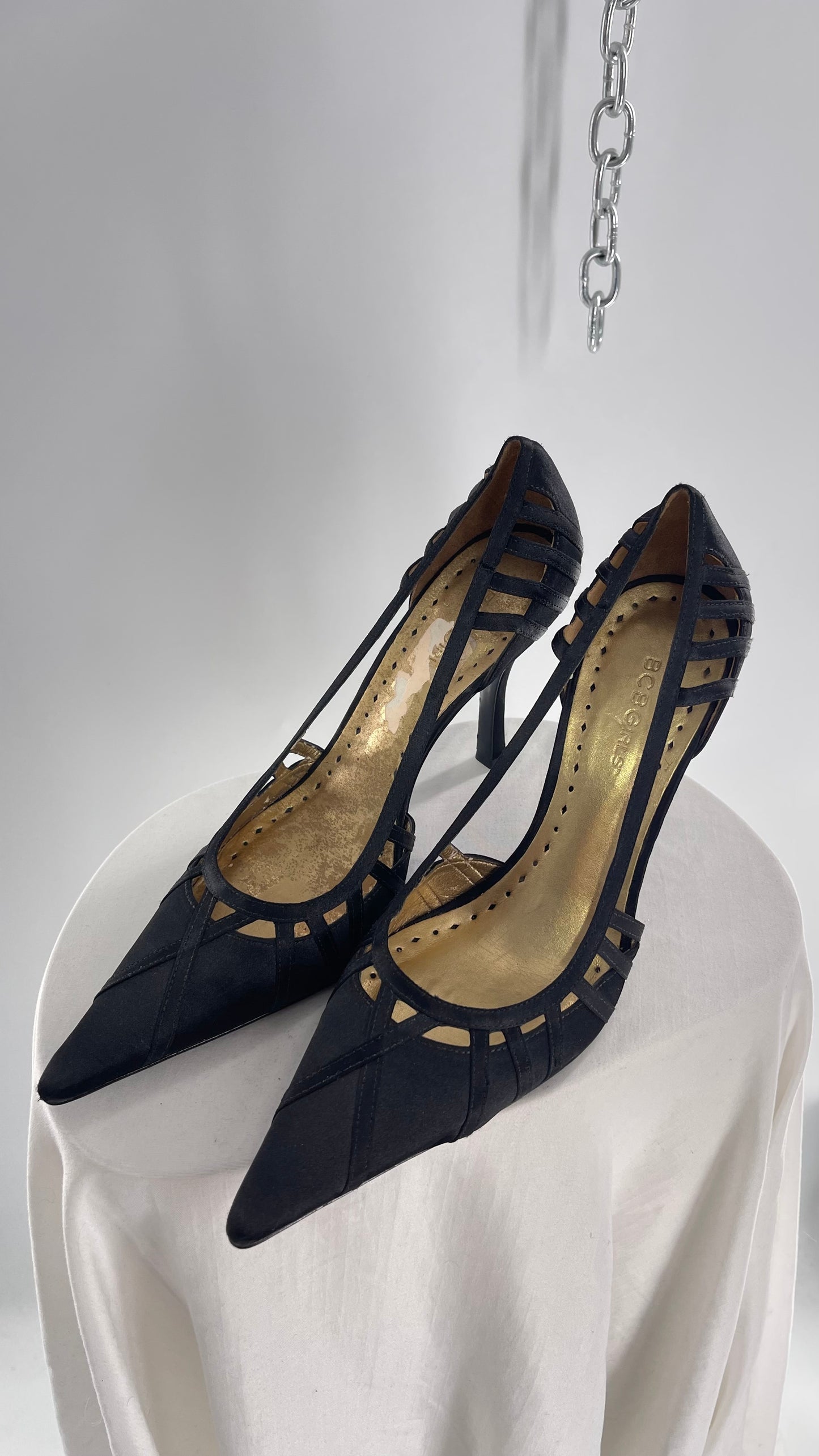 Vintage BCBGirls Black Satin Pointed Toe Heel with Strap Detailing (9.5)
