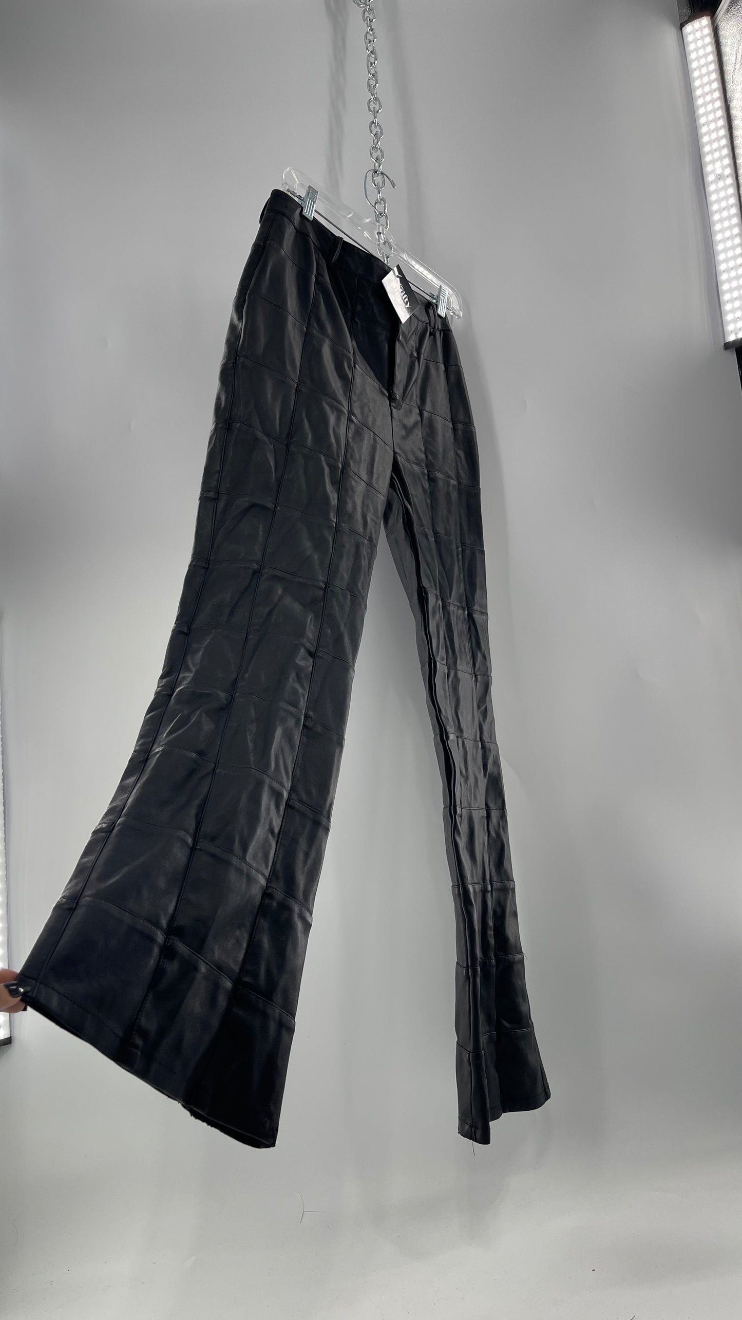 MOTEL Black Faux Leather Checkered Kick Flares (XL)