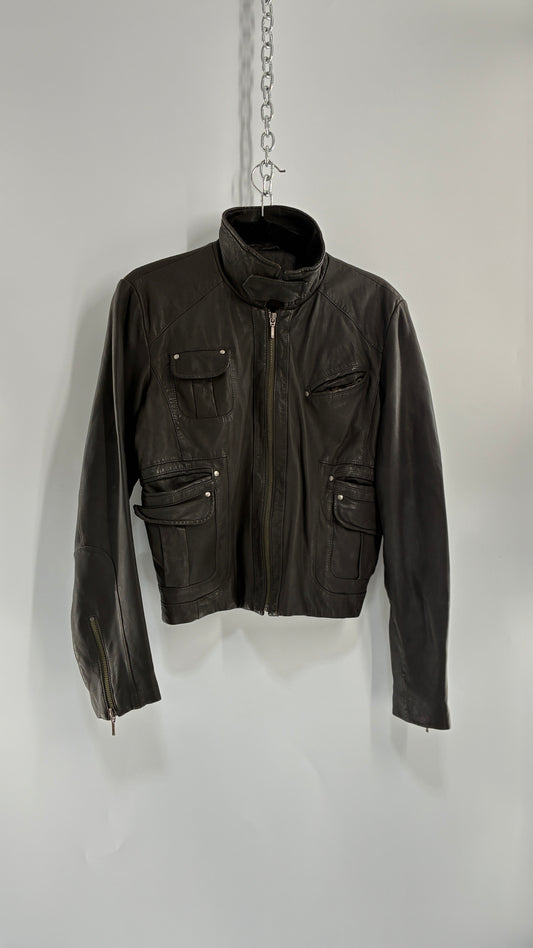 Vintage IDENTIFY Soft Genuine Leather Jacket with High Neck and Multi Pocket Details (Medium)
