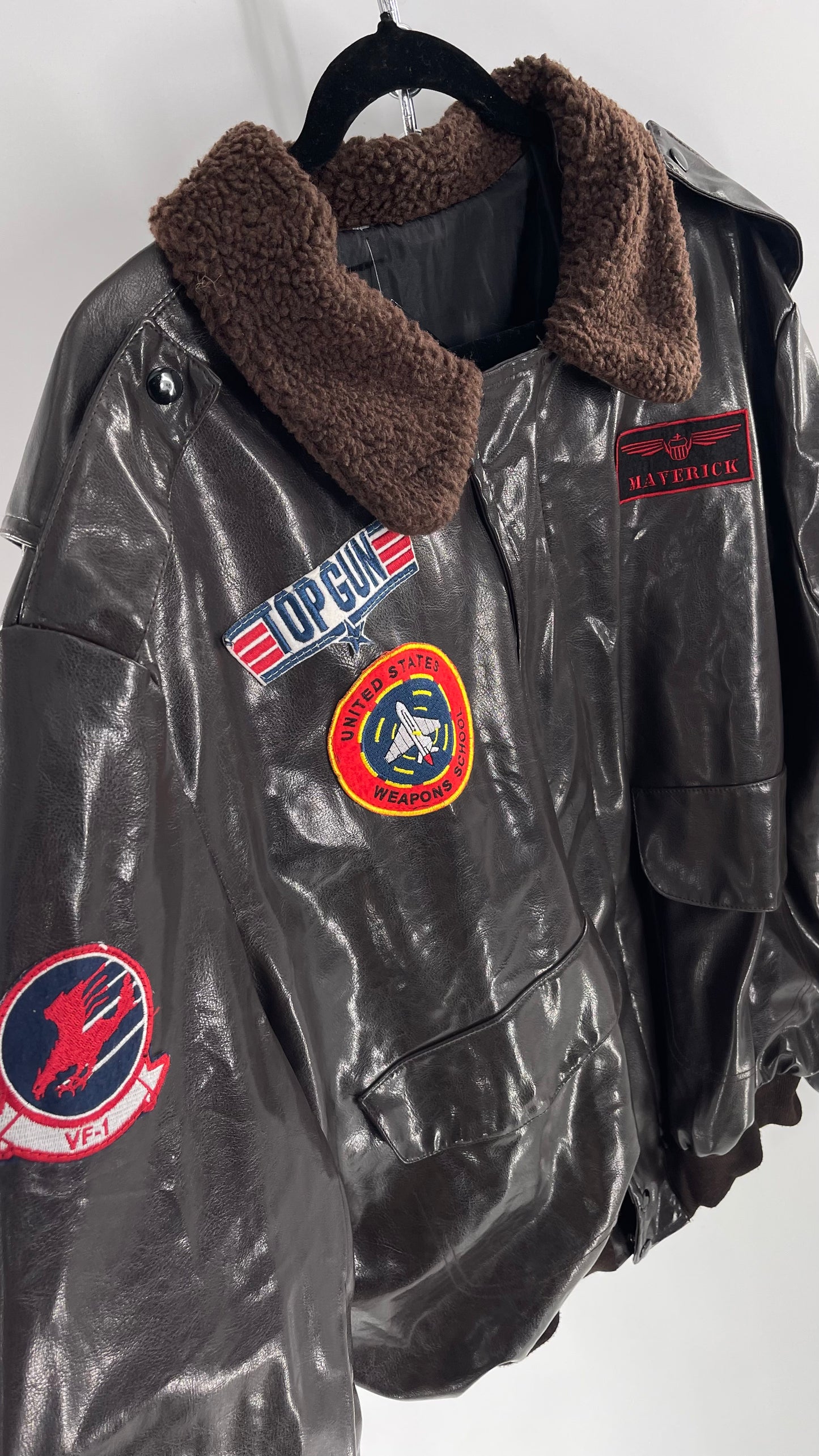 Vintage Dark Brown Top Gun Bomber Jacket with Patches and Teddy Sherpa Collar (Large)