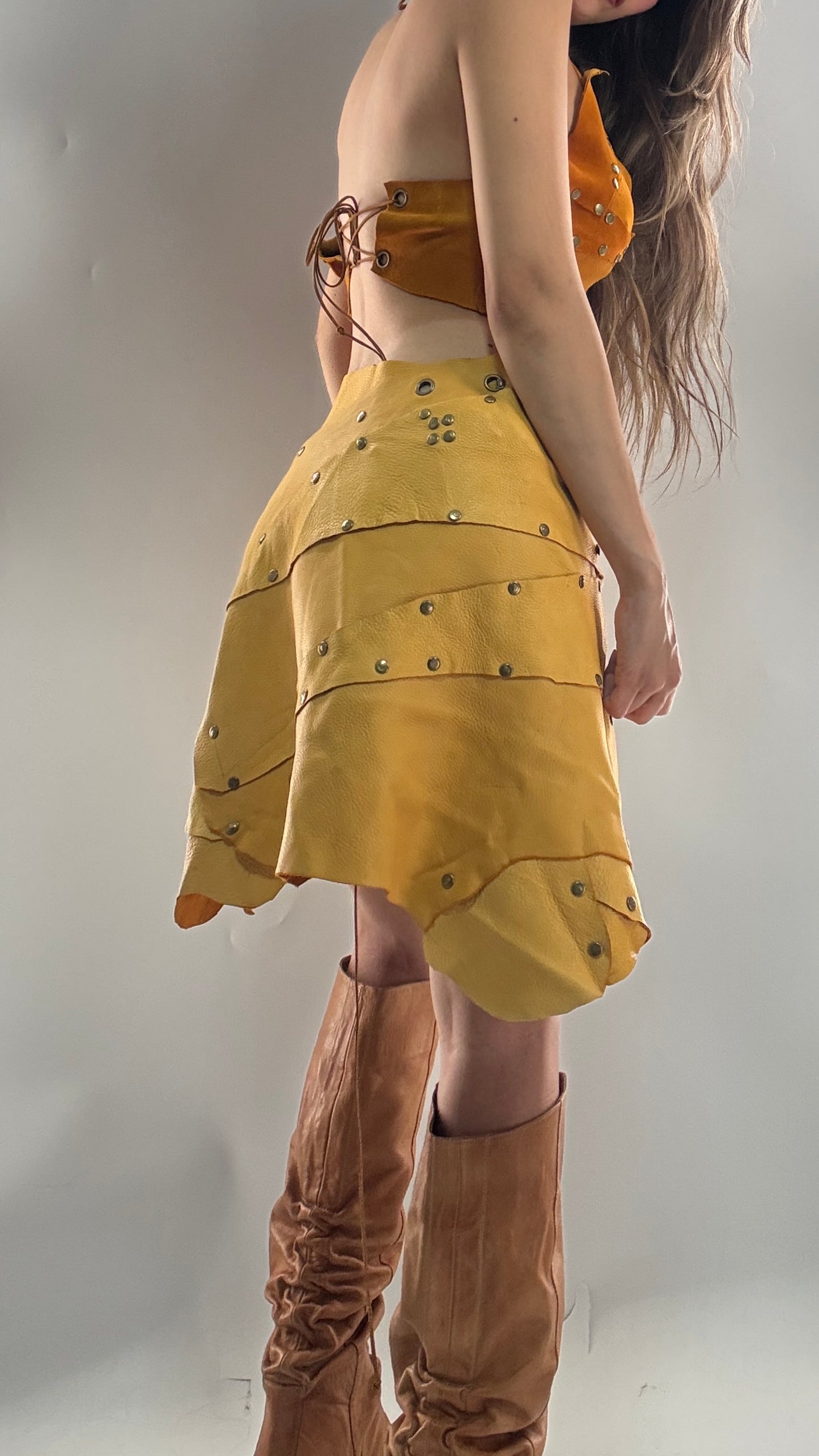 Handmade 1 of 1 and Pressed Genuine Suede and Pebbled Leather Reversible Corset Top and Grommet Skirt Set (XS-M)