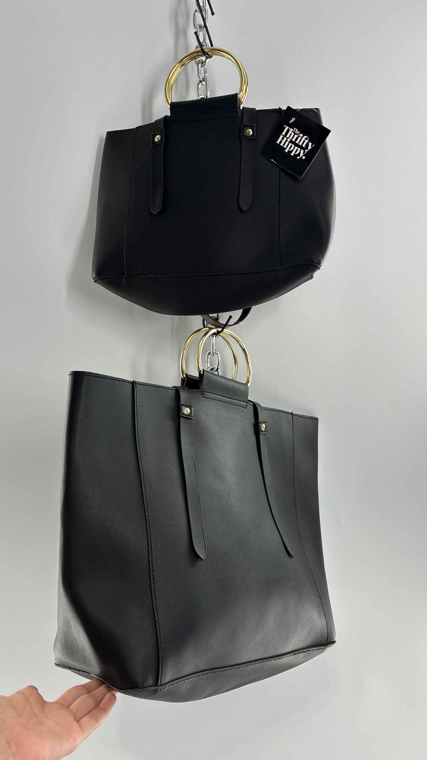 Black Vegan Leather Dual Size Purse Set with Pearl Studs