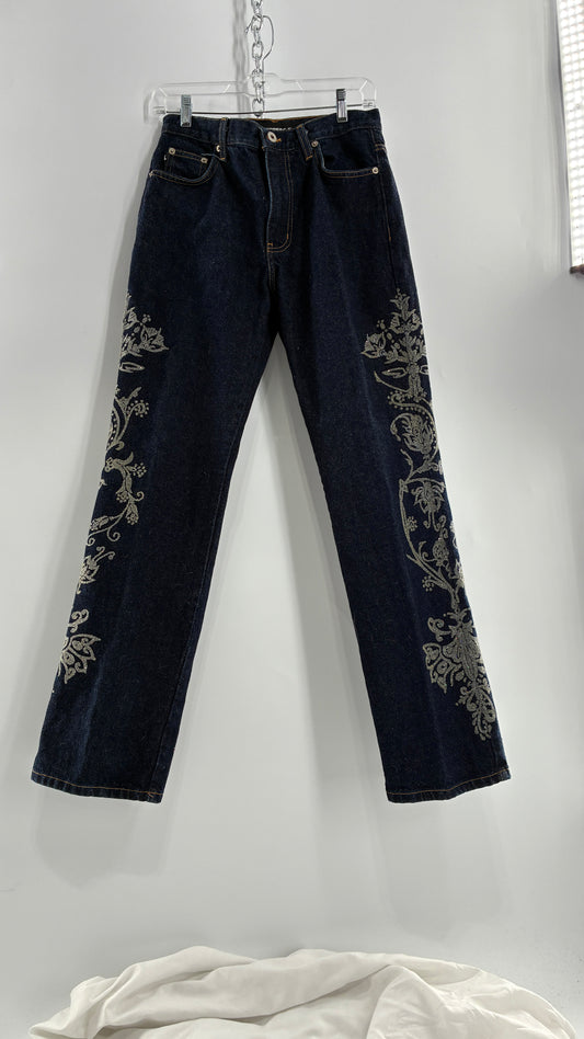 Vintage EXPRESS JEANS Dark Wash with Iridescent, Embellished, Textured Design Running Down Pant Leg (3/4)