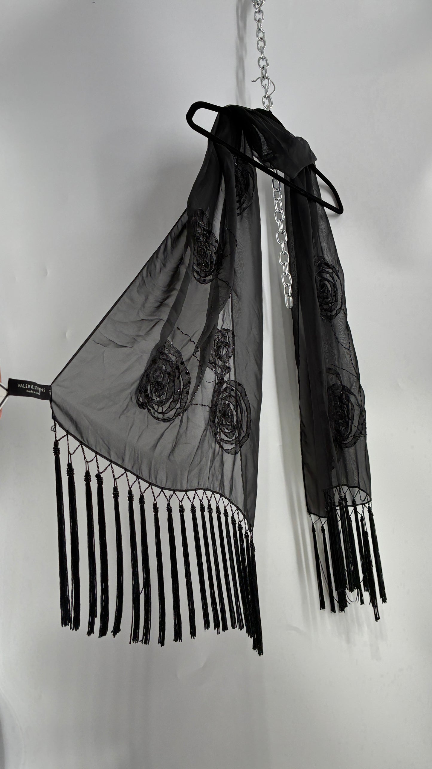 Vintage Black Beaded Scarf with Tassel Fringe and Embroidered Rosettes