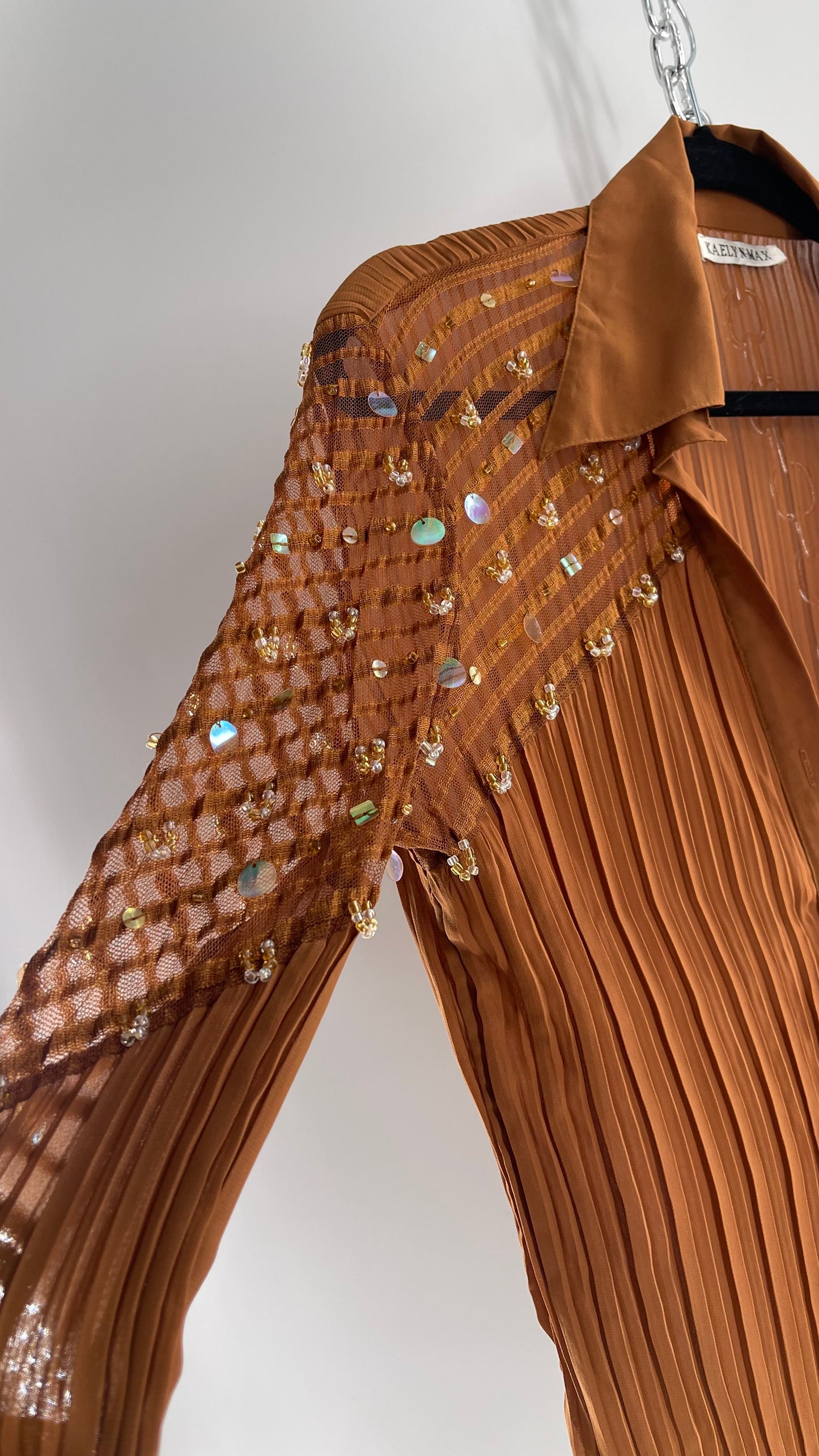 VINTAGE KAELYN-MAX Orange Brown Pleated Blouse with Beaded Embellishments (Medium)