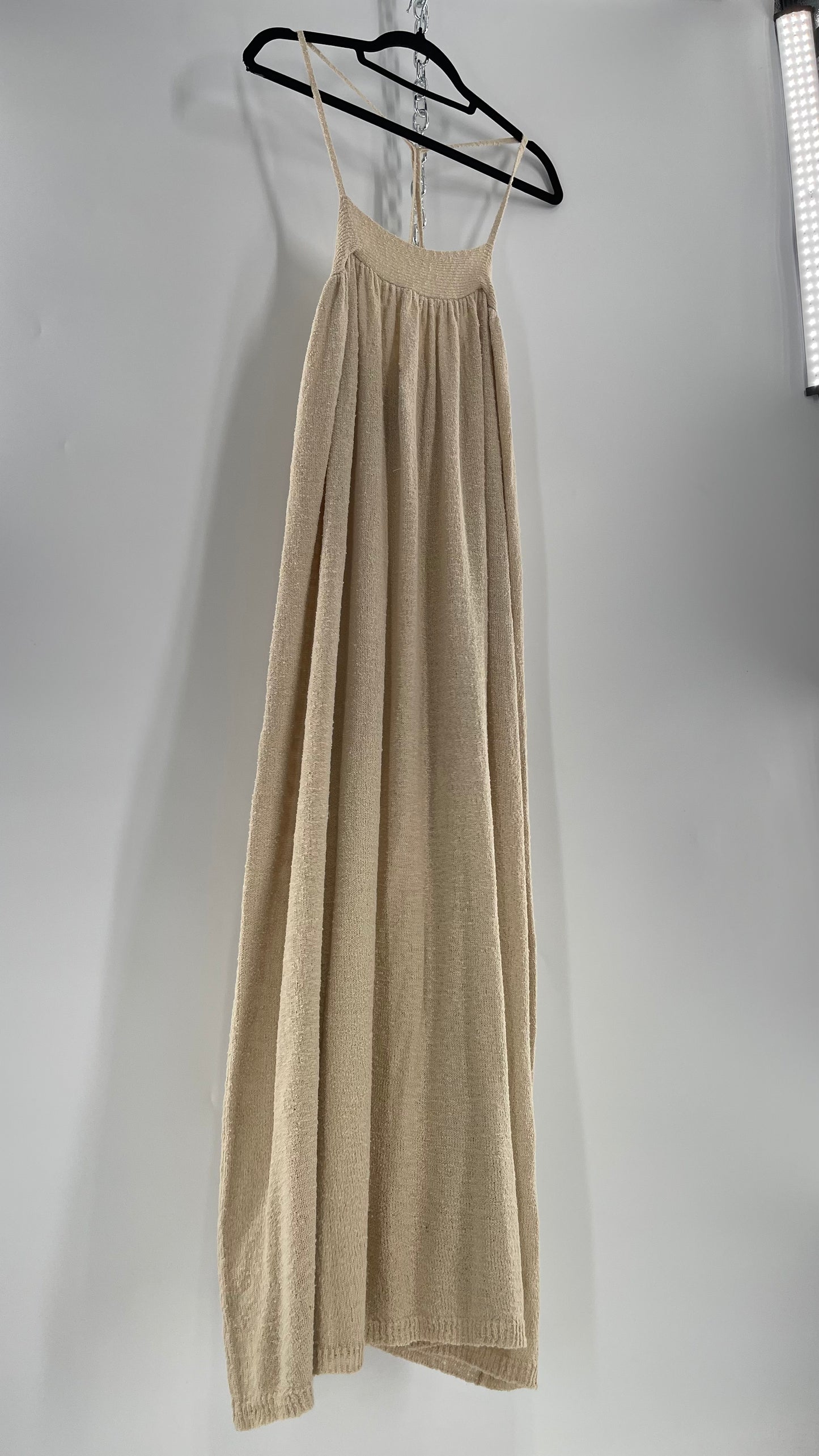 Free People Beach Beige Slinky Halter Textured Maxi Dress