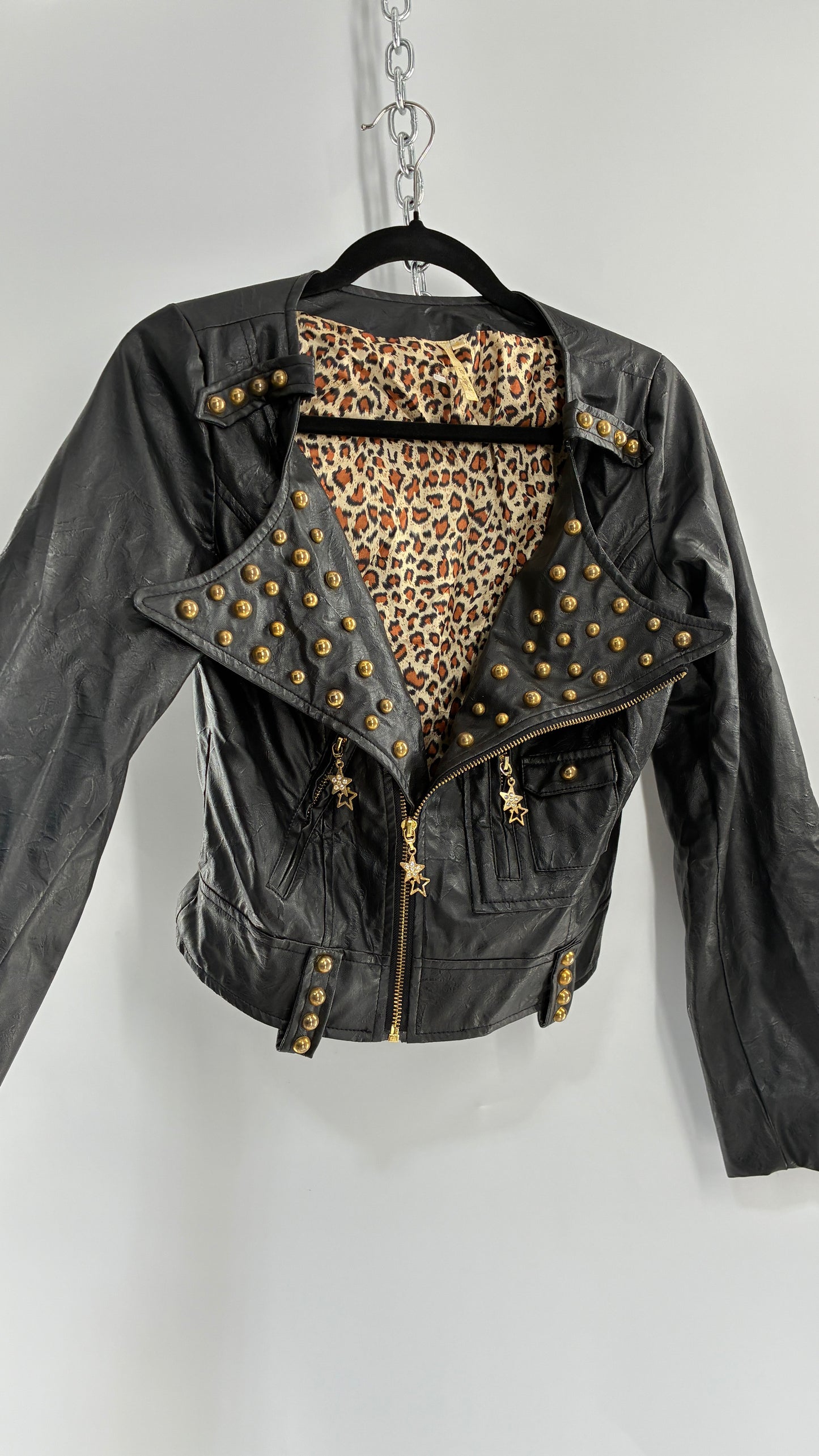 Vintage Black Vegan Leather Jacket with Oversized Lapel, Belt Loops and Pockets Covered in Heavy Duty Gold Studs (Small)