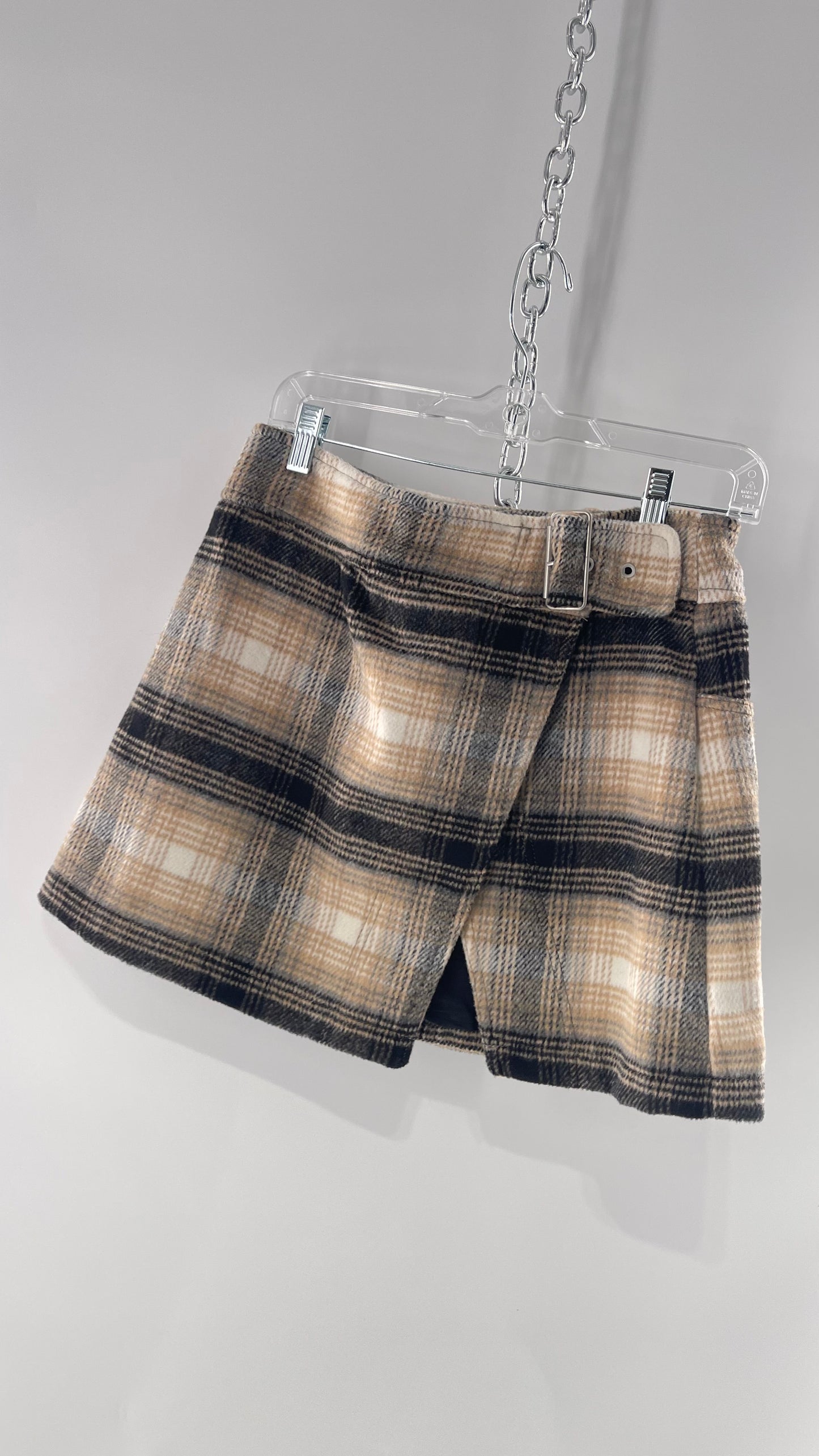 Free People Plaid Beige Gray Soft Mini Skirt with Side Slit and Built in Grommet Belt